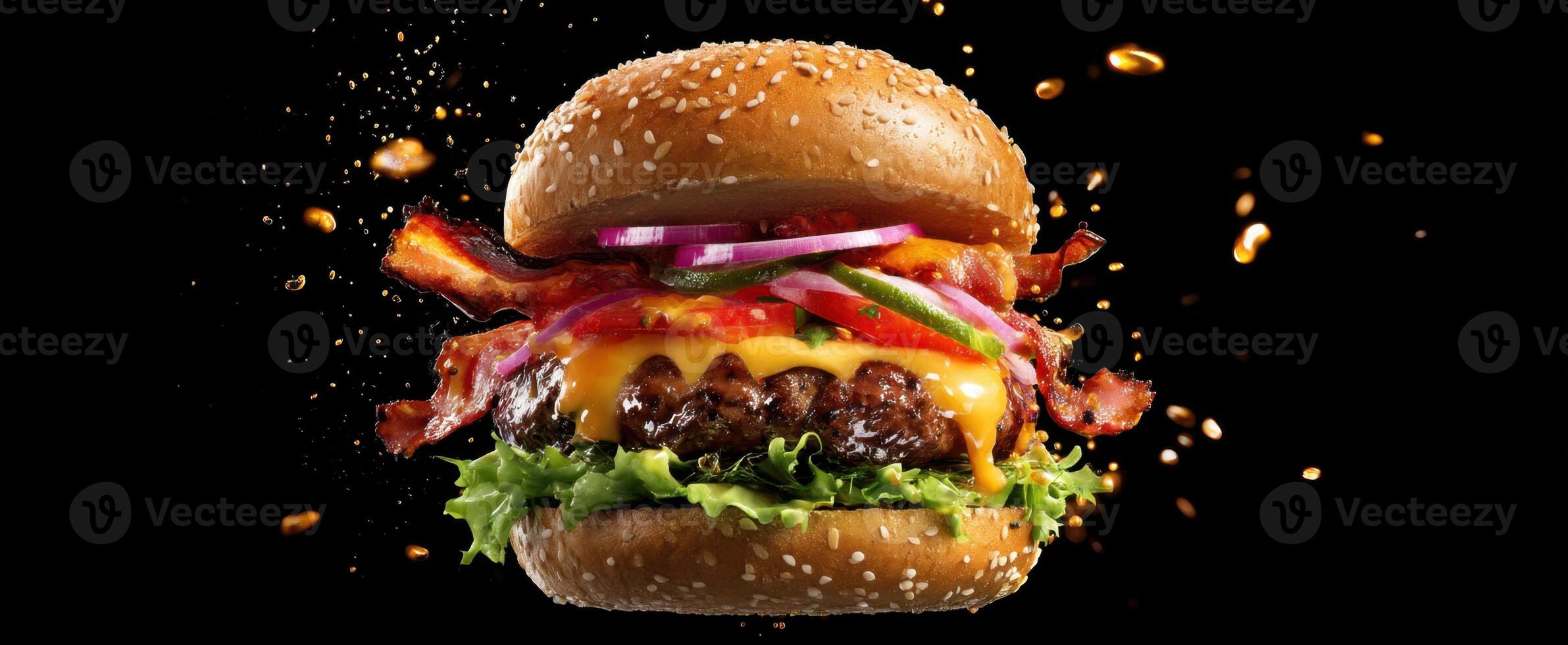 The delicious hamburger with bacon, cheese, and fresh ingredients on a black background. photo