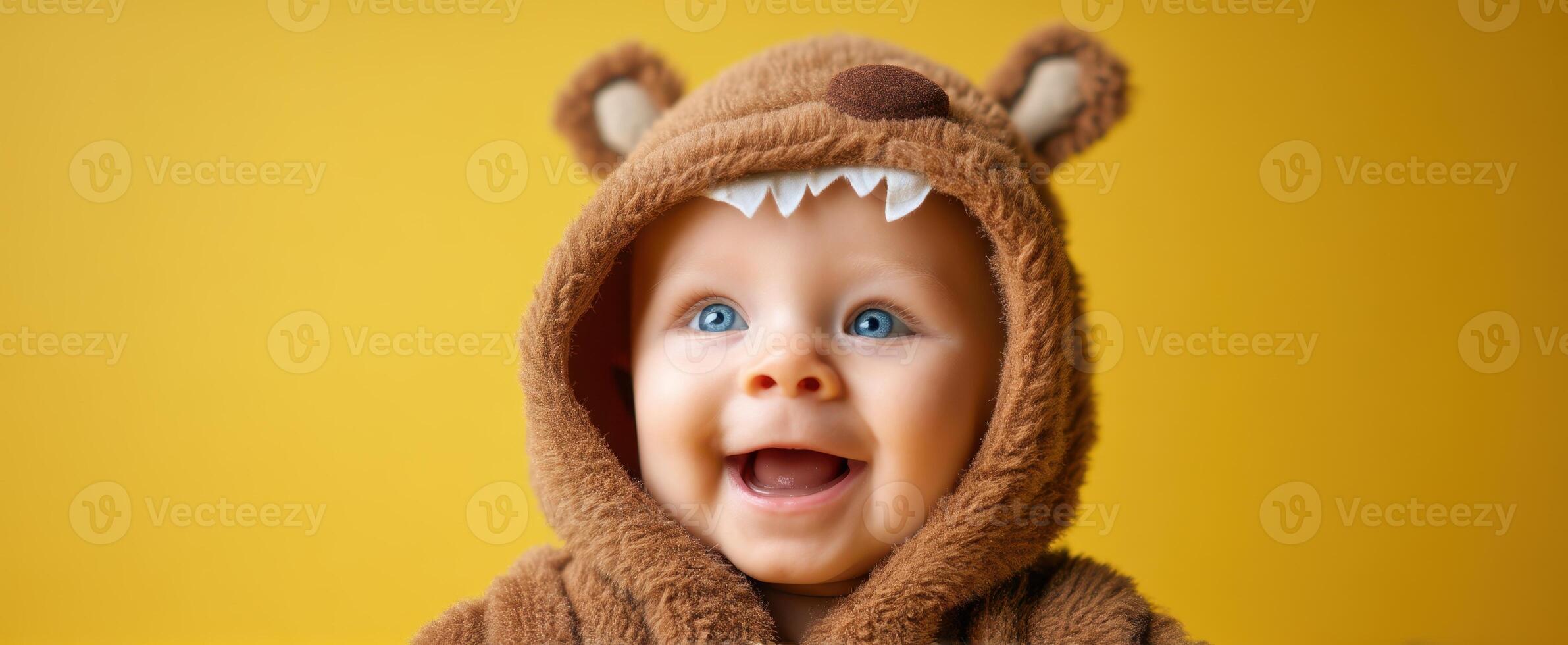 The adorable baby in a bear costume enjoying a cheerful moment. photo