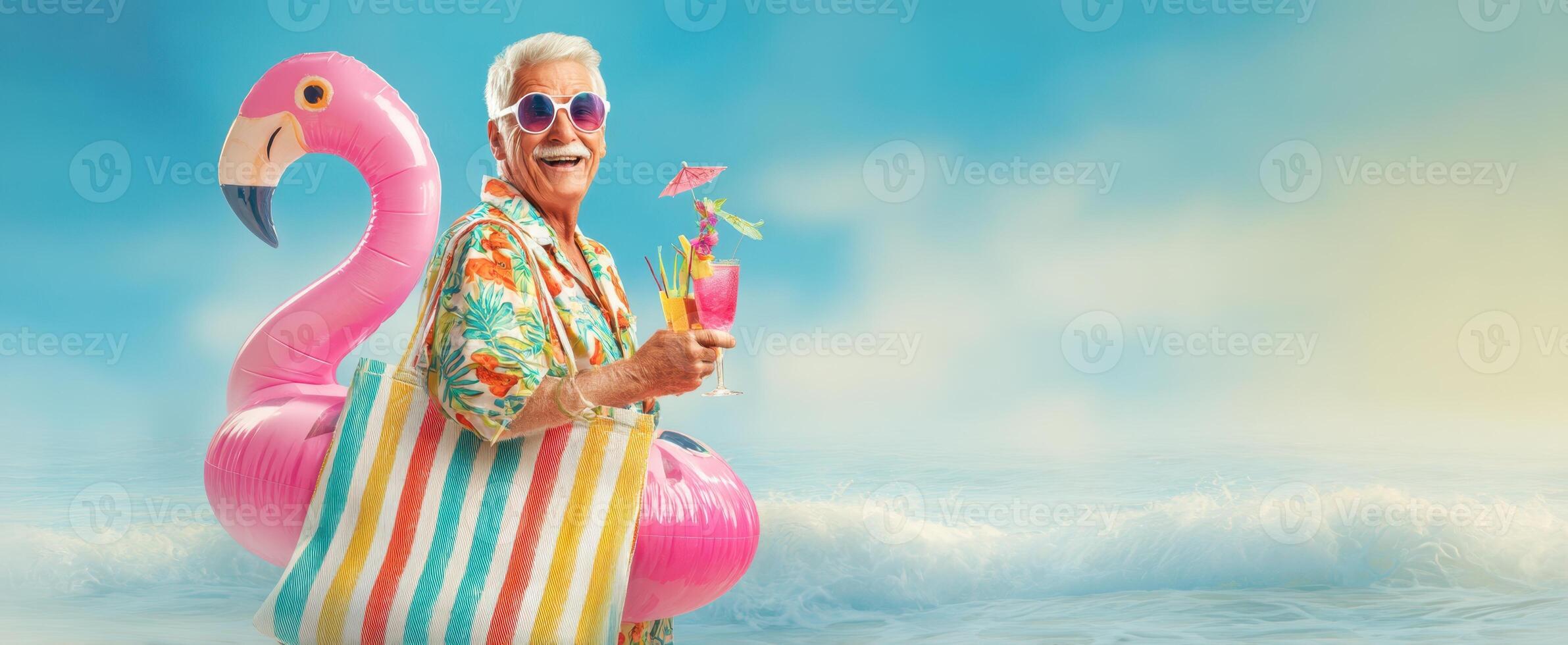 The elderly man enjoying a vibrant beach day with a flamingo float. photo