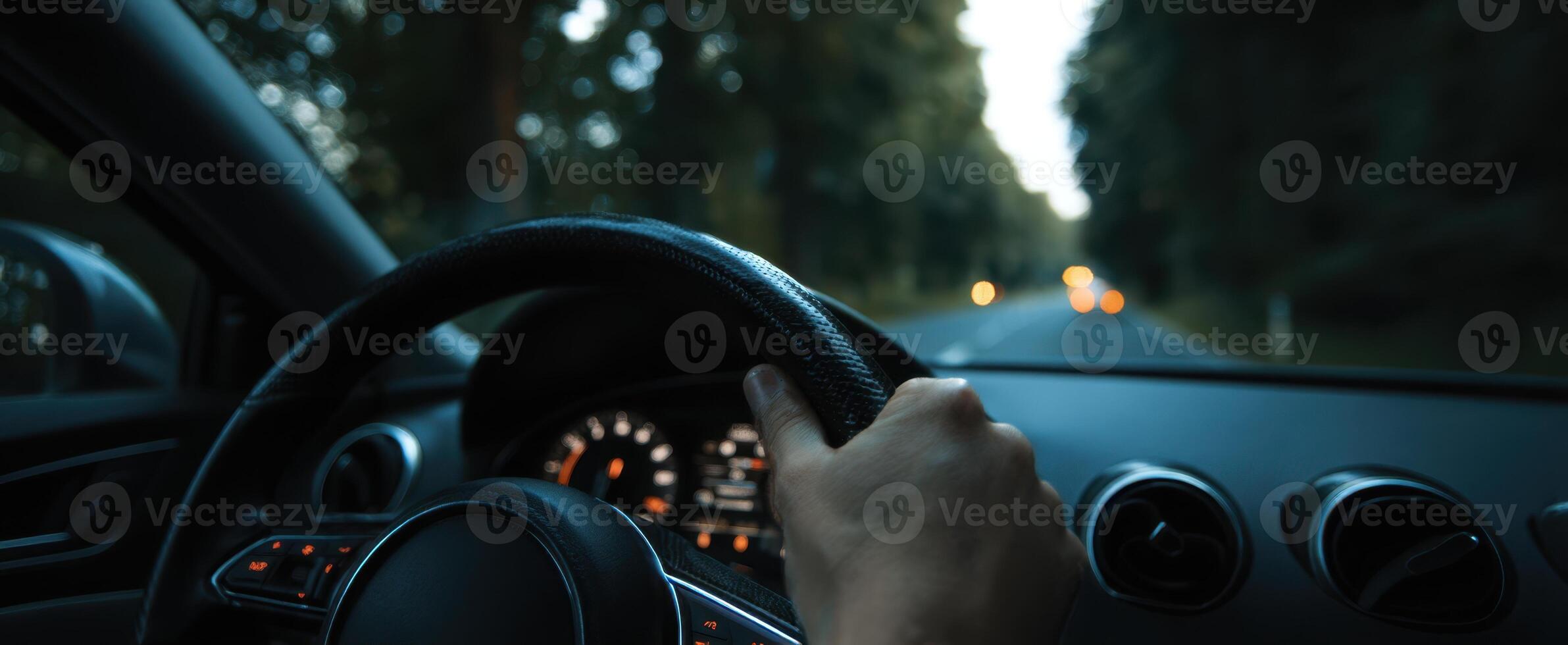The Hand Gripping a Steering Wheel on a Serene Night Drive photo
