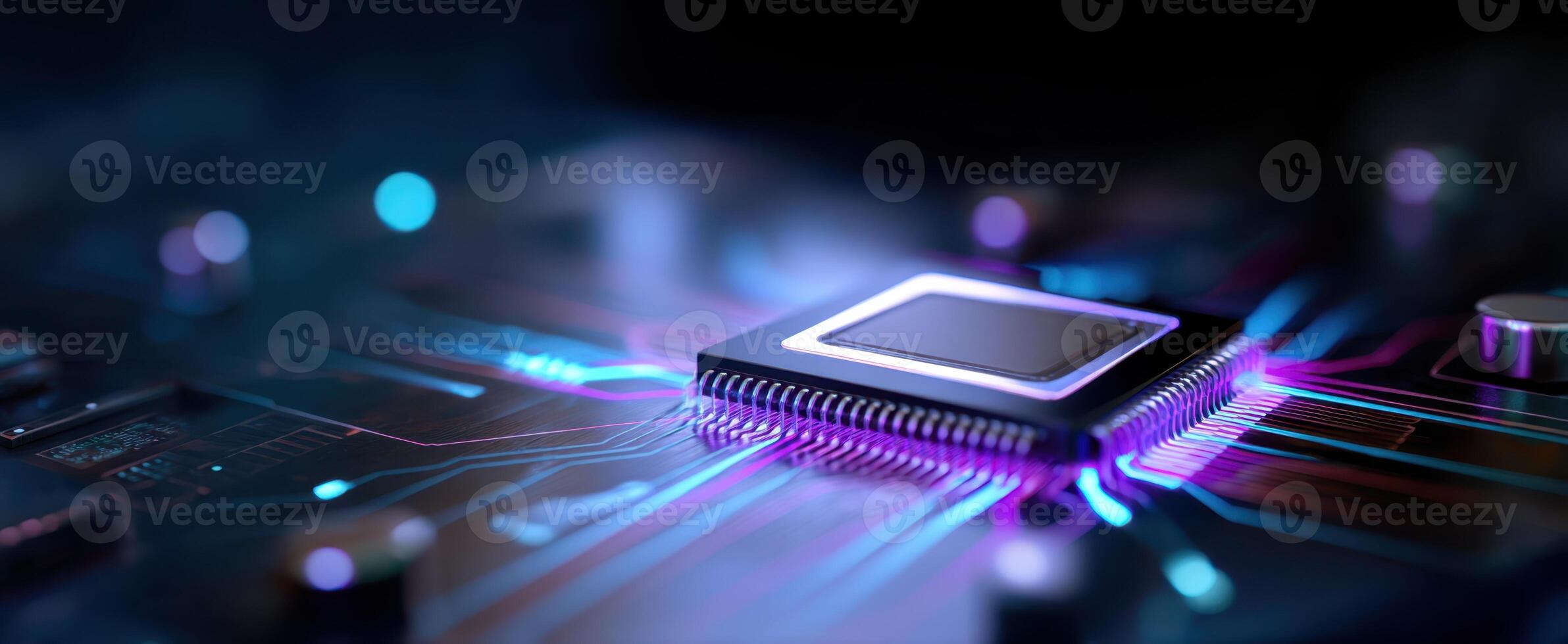 The microchip glowing with vibrant colors on a futuristic circuit board. photo