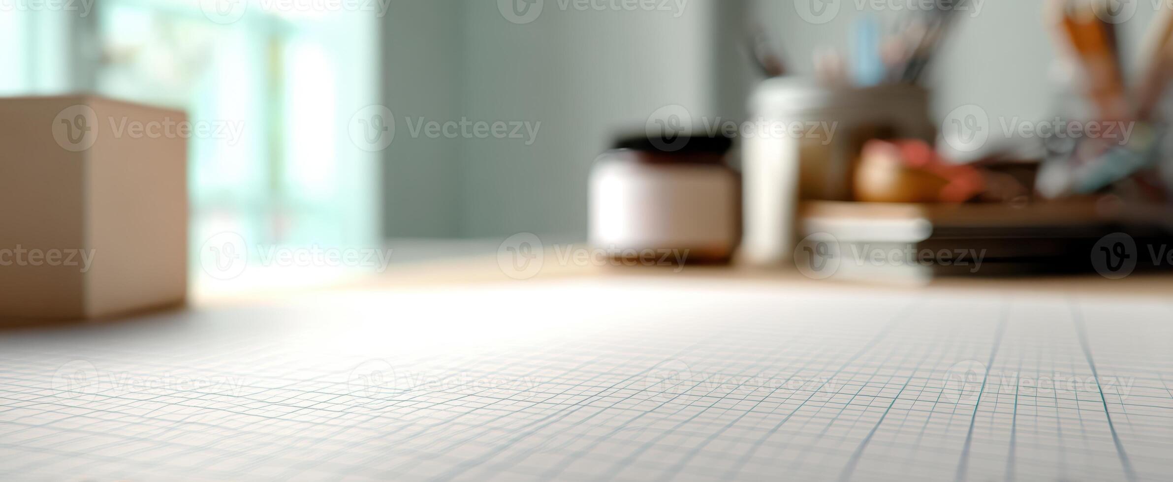 The serene workspace featuring a grid paper and creative tools on a clean desk. photo