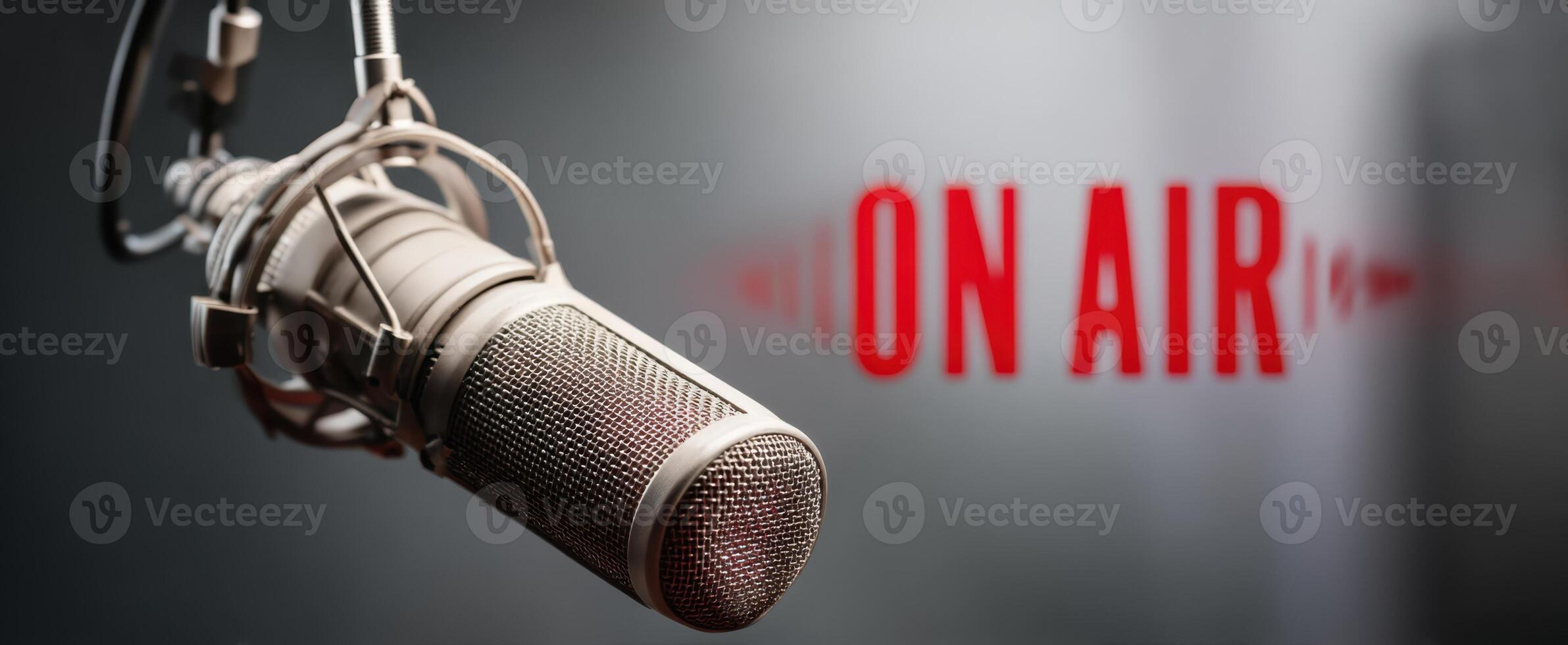 The microphone symbolizing live broadcasting in a modern studio setting. photo