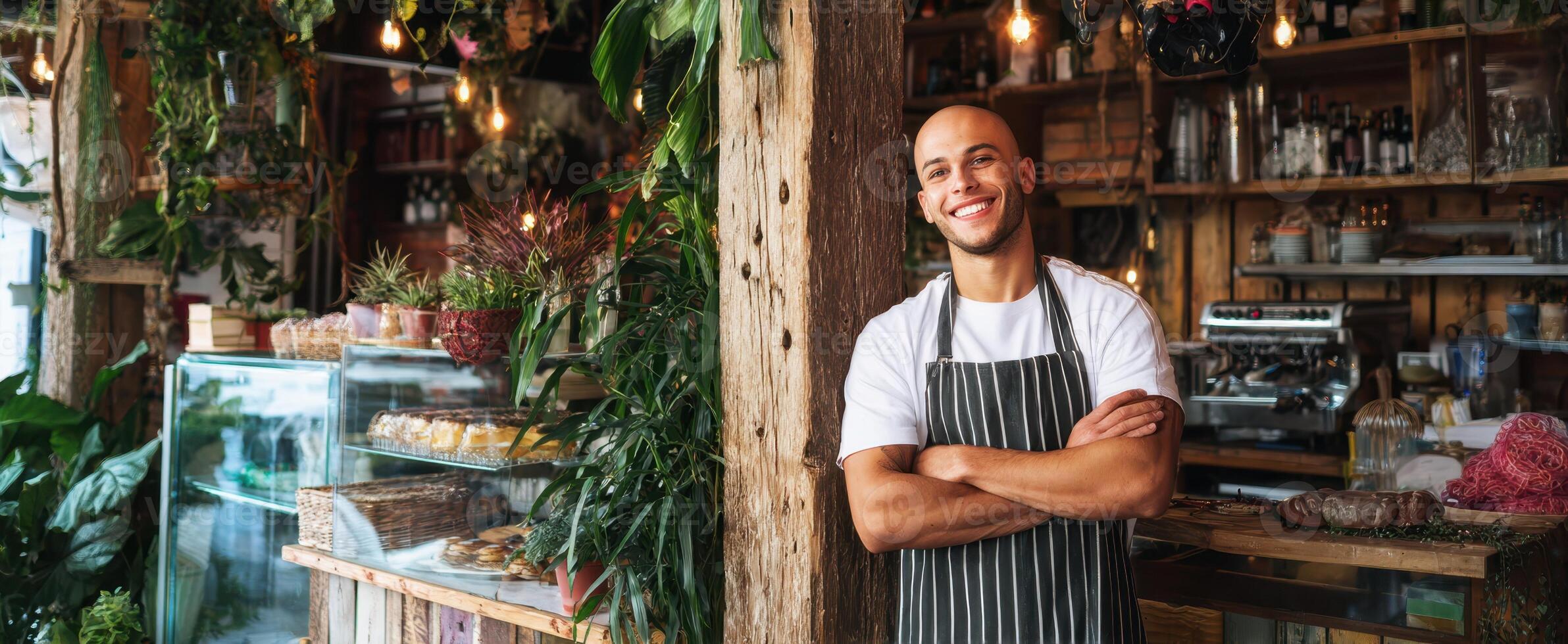 A smiling man standing in front of a restaurant photo