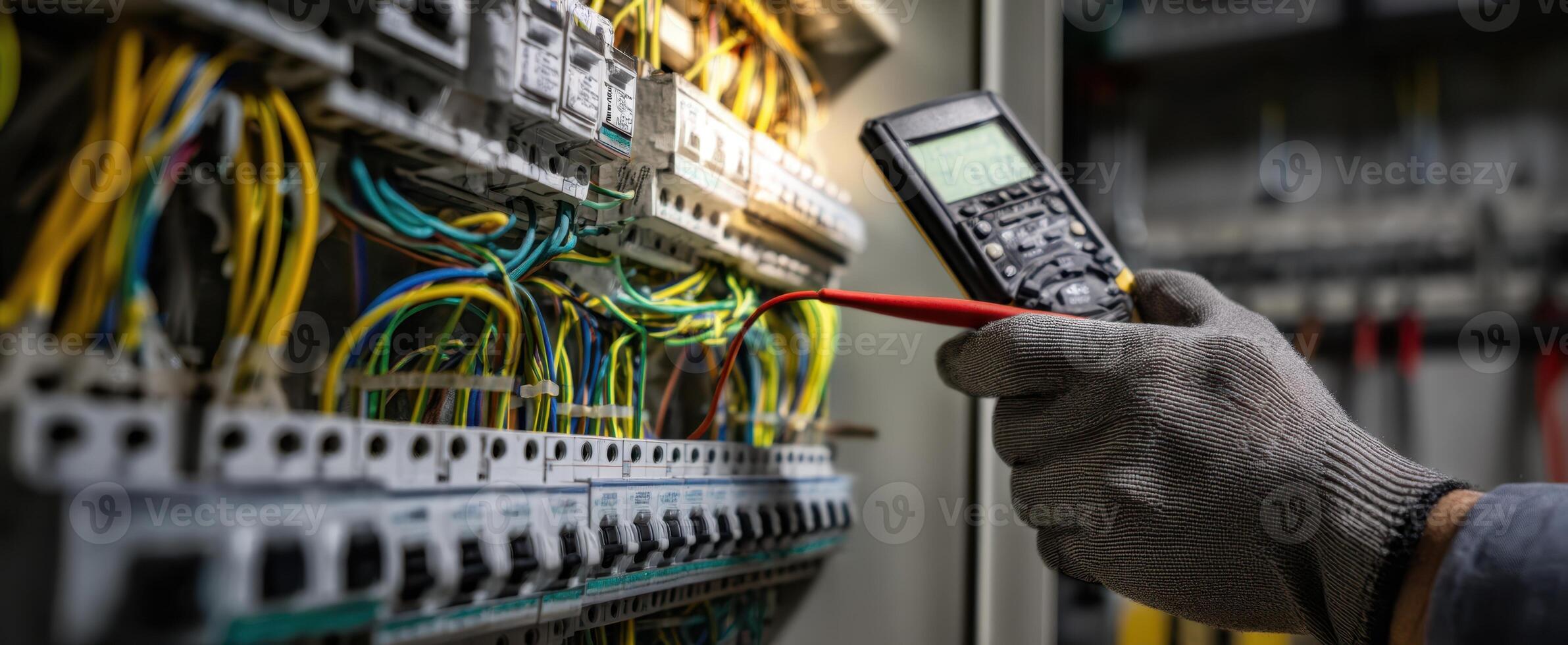 The electrician measuring voltage in a control panel with a multimeter. photo