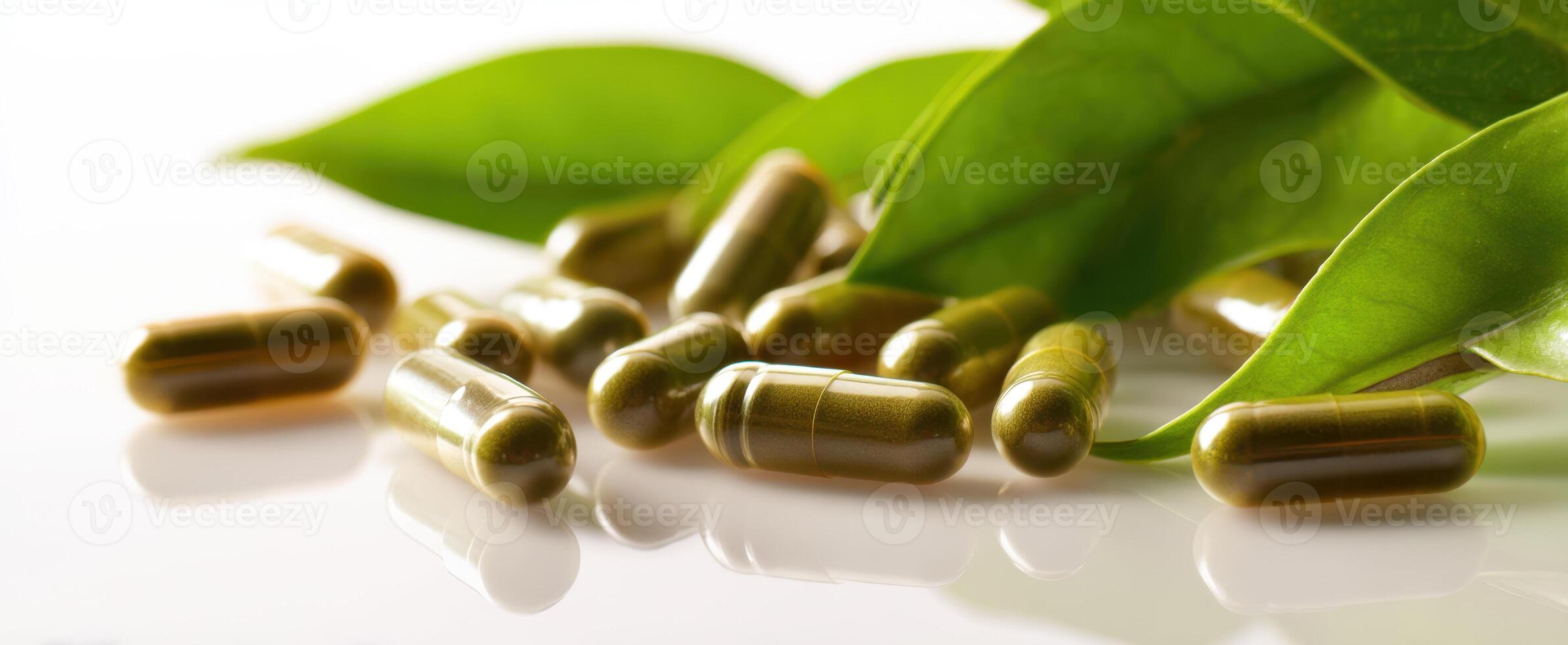 The green capsules resting among fresh leaves expressing natural wellness. photo
