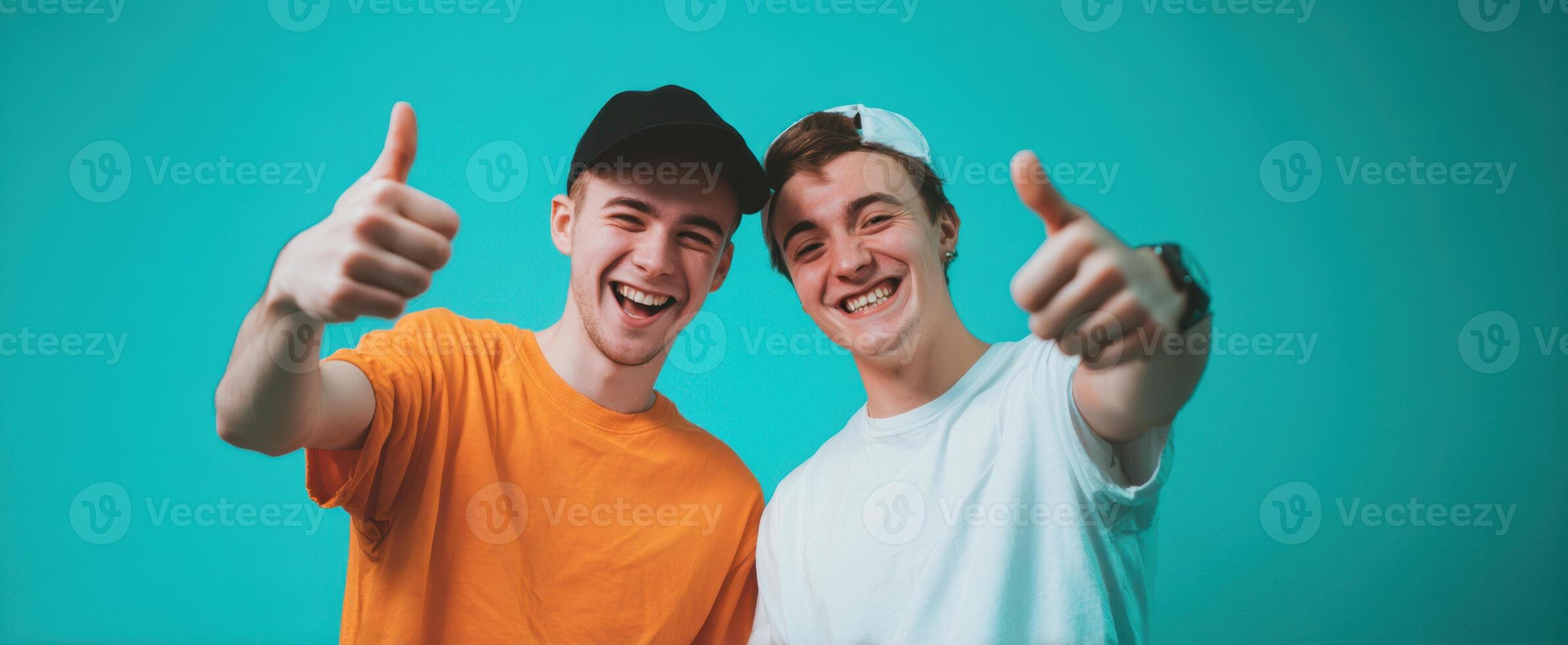 The joyful young men giving thumbs up in a colorful setting. photo