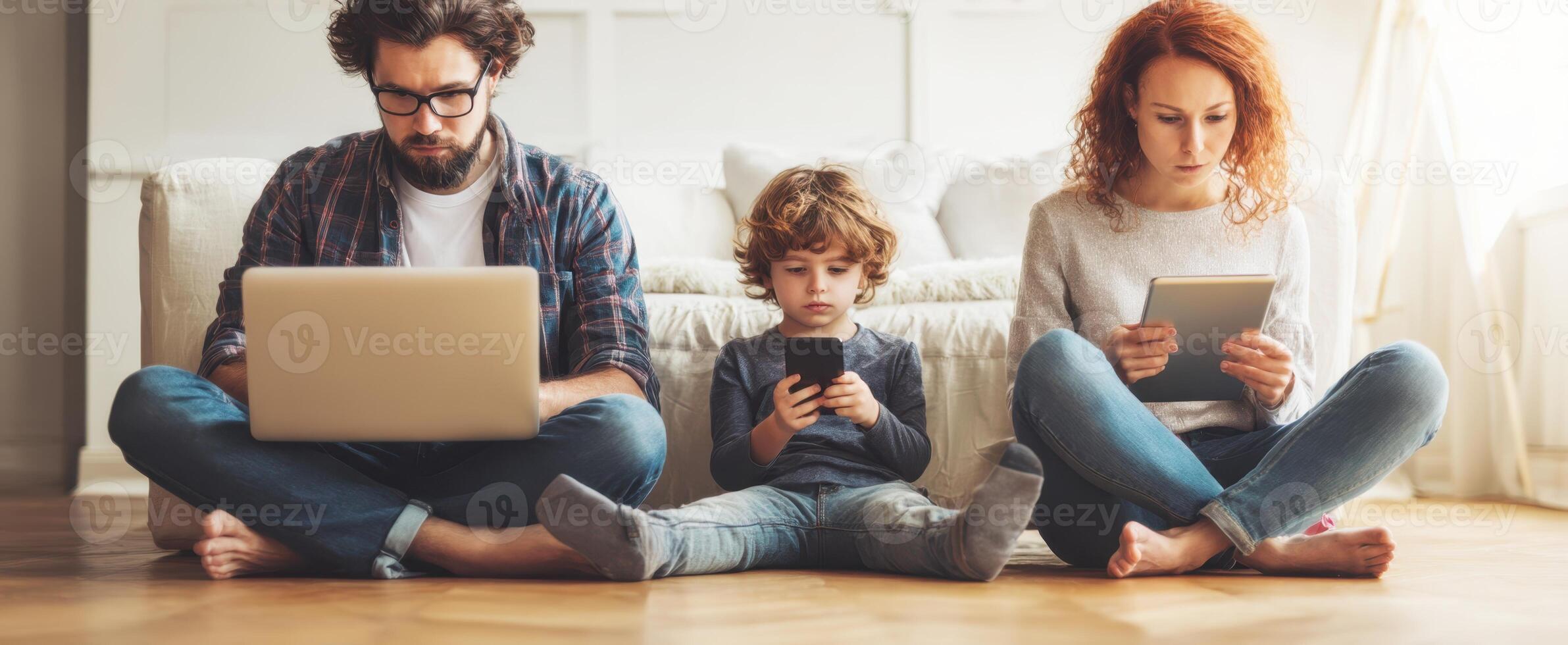 The modern family engaged in digital activities at home together. photo