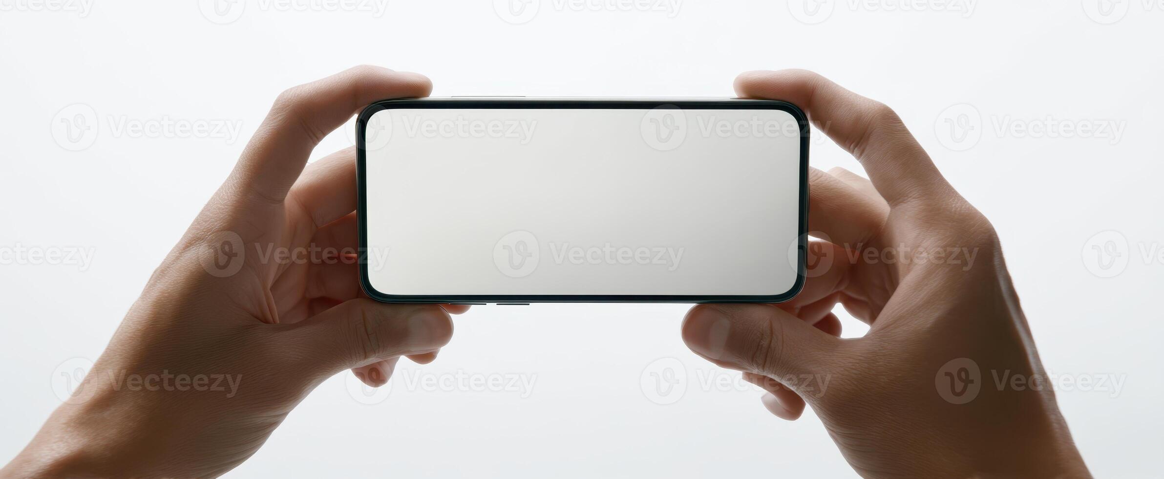 The hands holding a smartphone with a blank screen on a minimalist background. photo