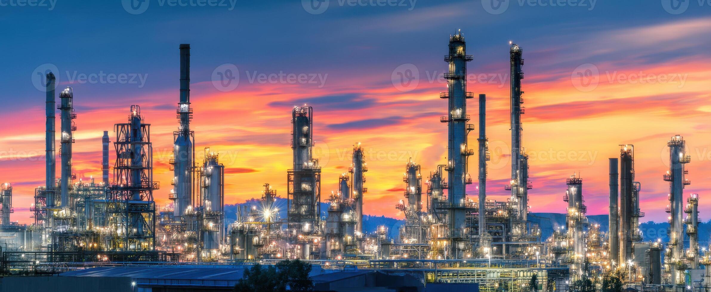 The impressive oil refinery illuminated against a vibrant sunset sky. photo