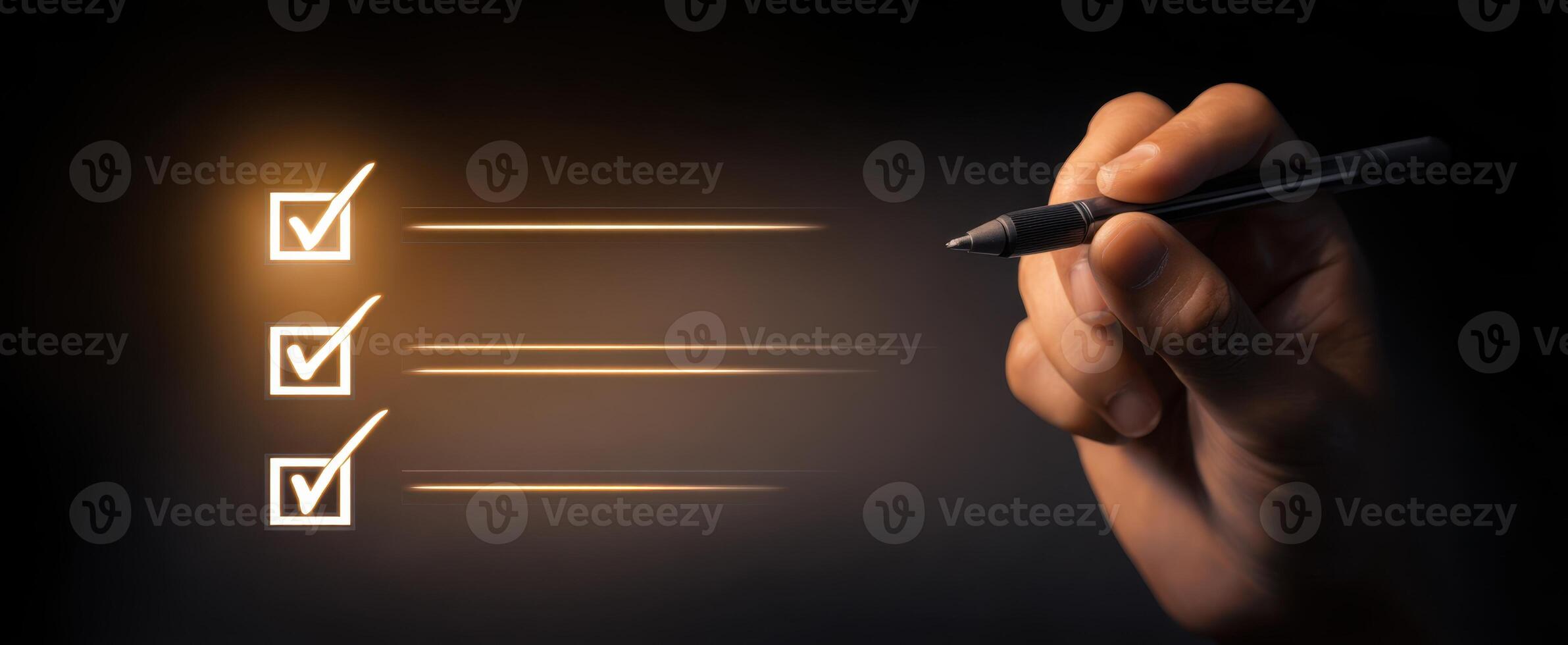 The hand completing a checklist with a pen in a dark environment. photo
