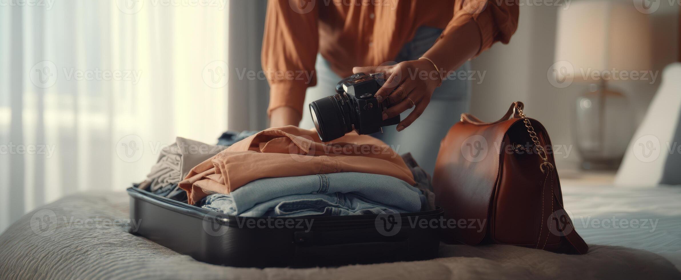 The packing process with clothes, a camera, and stylish accessories on a bed. photo
