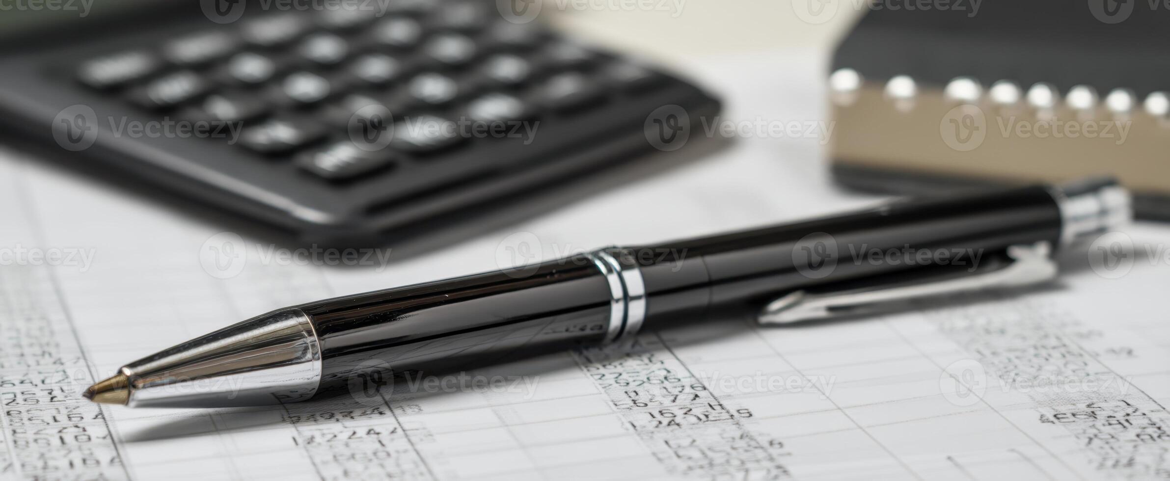 The pen rests on financial documents next to a calculator and notebook. photo
