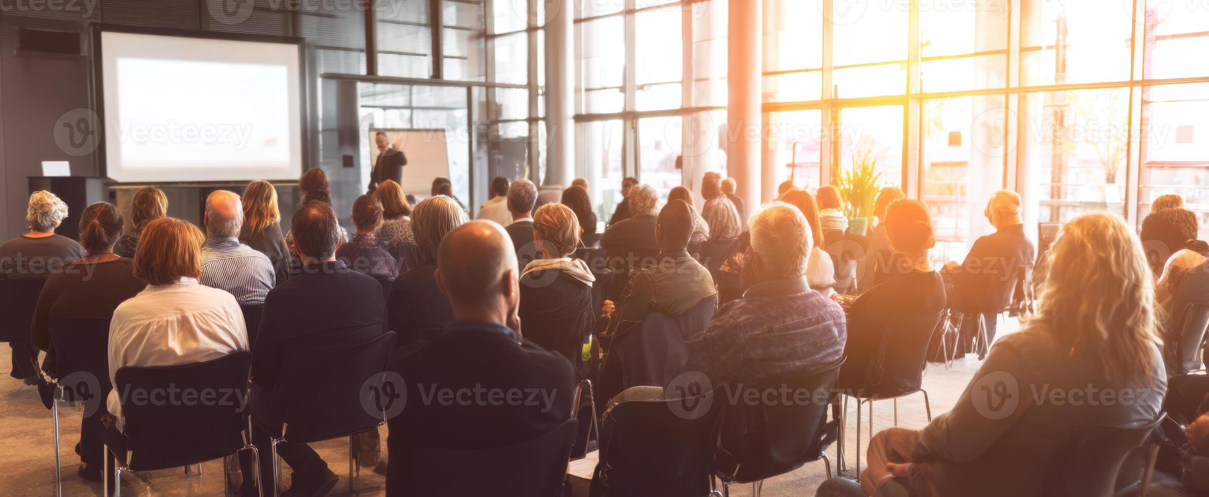 The engaged audience during a dynamic business presentation in a modern setting. photo
