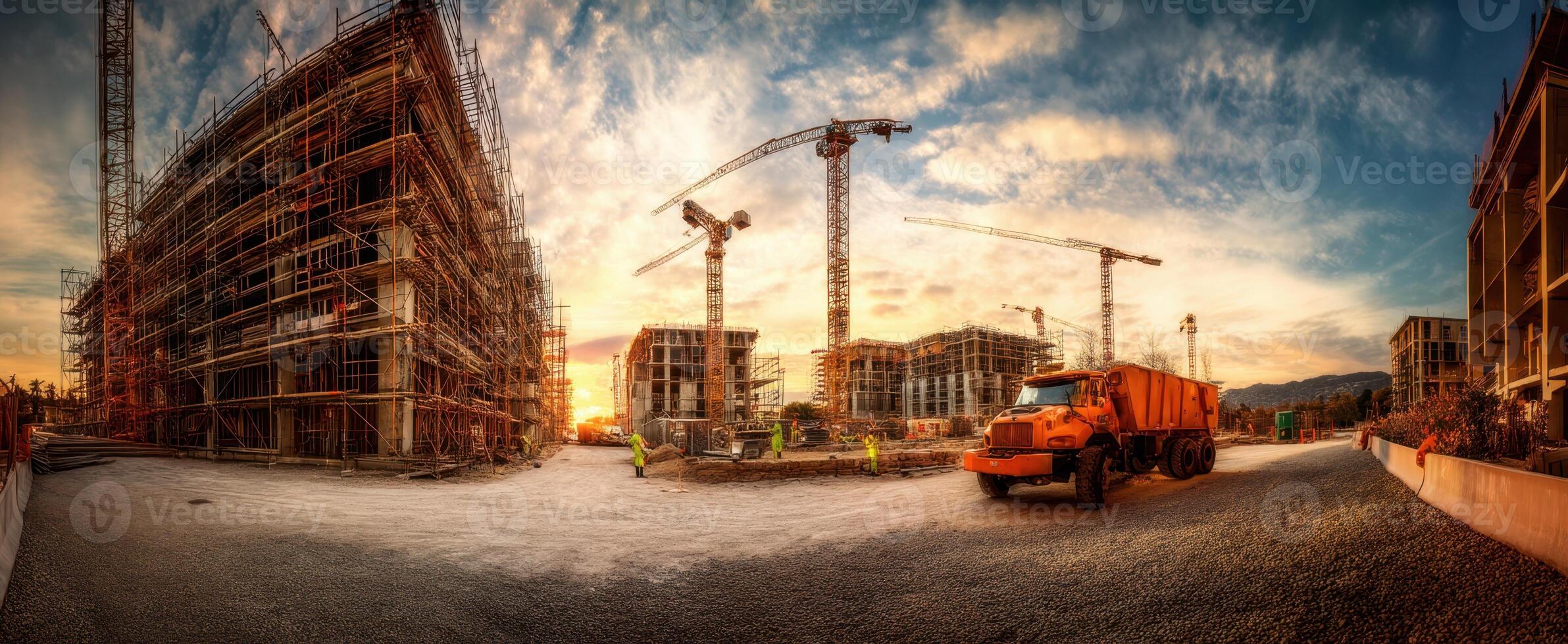 The bustling construction site at sunset with cranes and workers in action. photo
