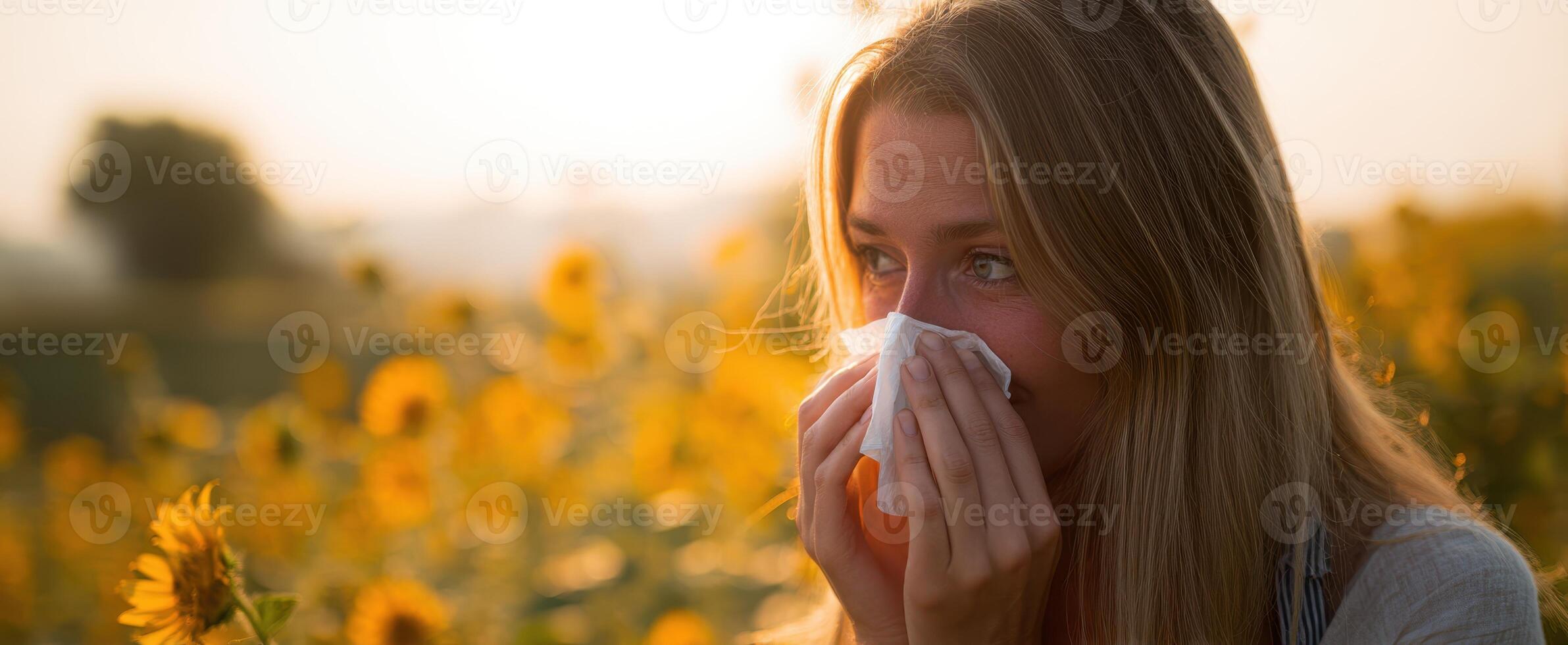 The woman experiencing allergies in a sunflower field during sunset. photo