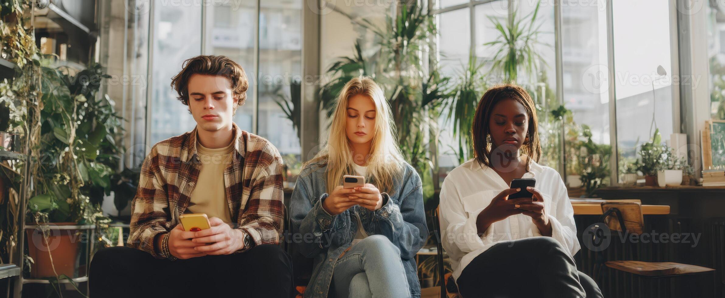 The trio of friends engaging with smartphones in a vibrant, plant-filled setting. photo