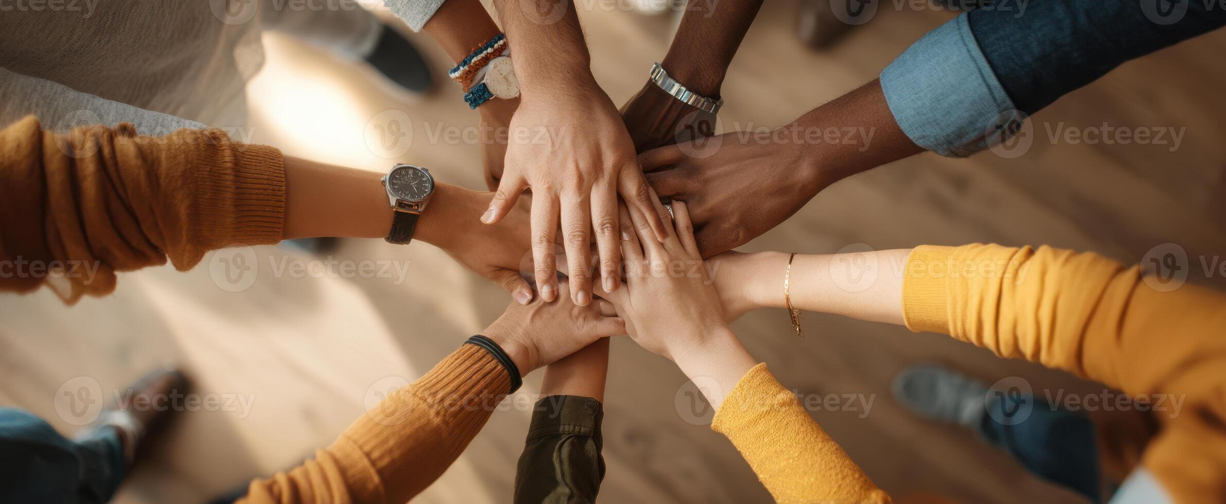 The collaborative hands symbolizing teamwork and unity in a diverse environment. photo