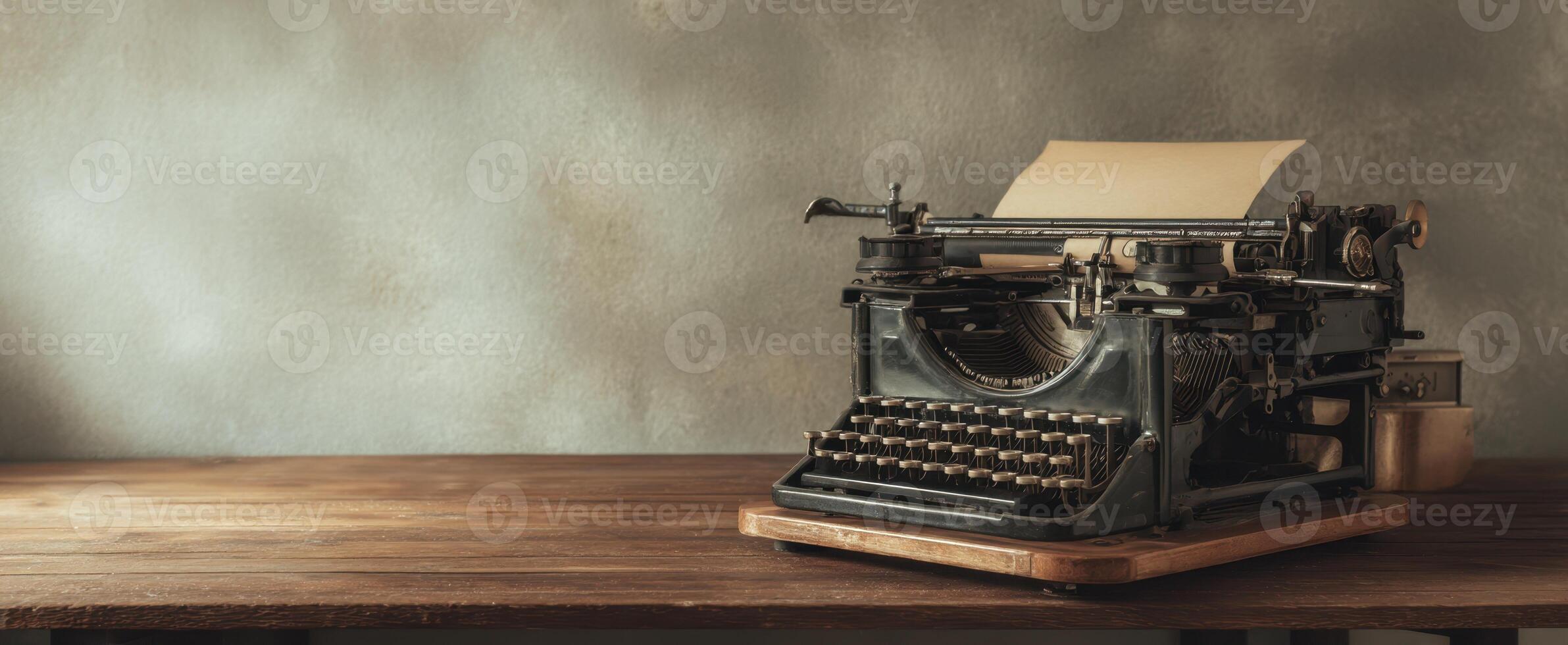 The vintage typewriter on a wooden desk evokes a sense of nostalgia and creativity. photo