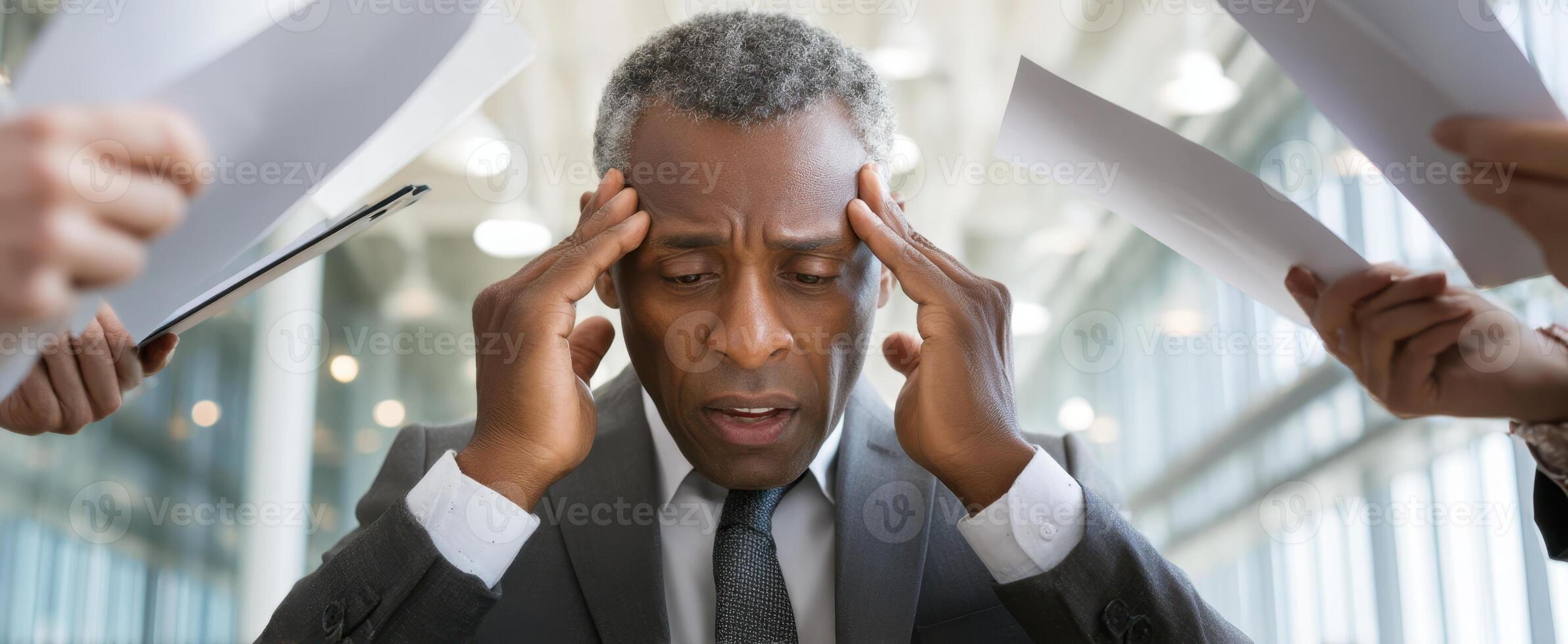 The stressed businessman overwhelmed by paperwork and workplace pressure photo