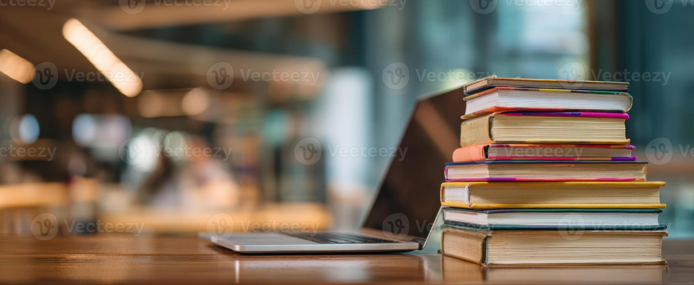 The laptop and colorful books stacked on a wooden desk in a cafe. photo