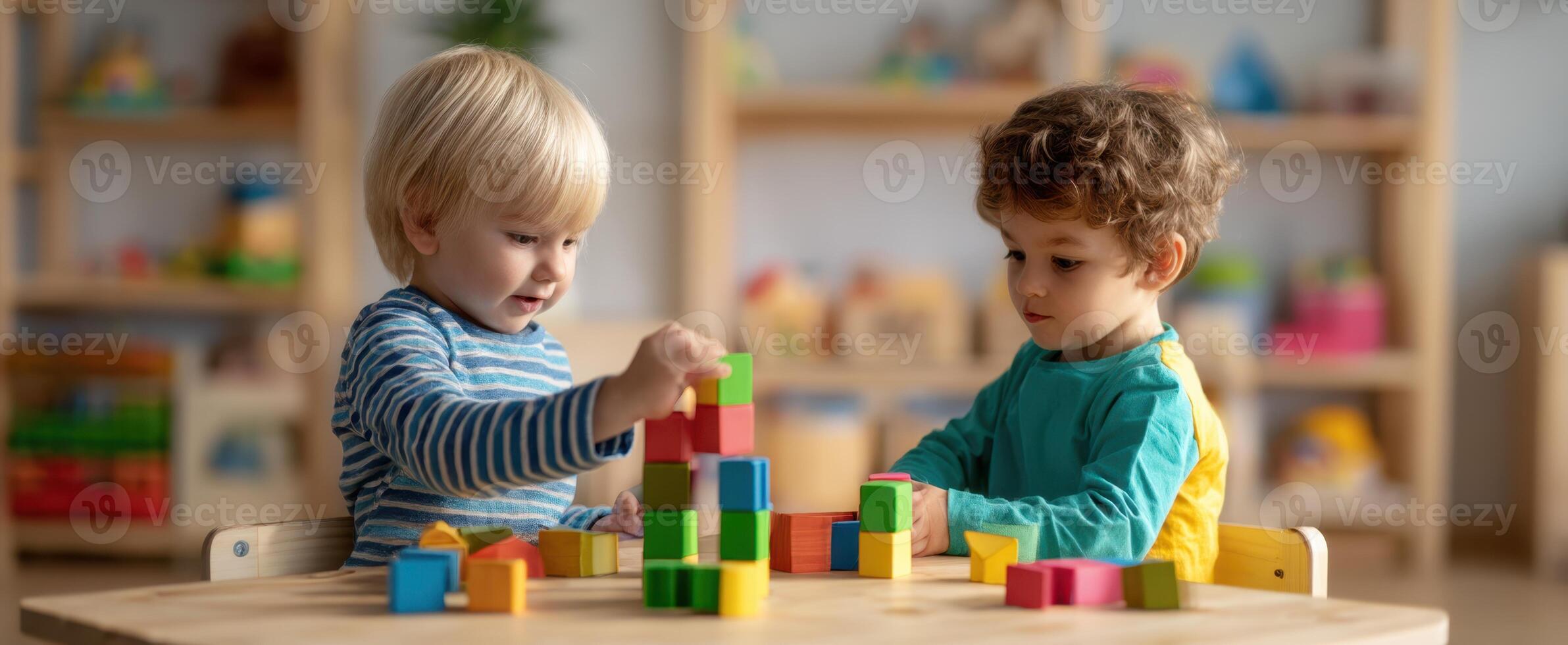The joyful children constructing colorful block towers during playtime activities. photo