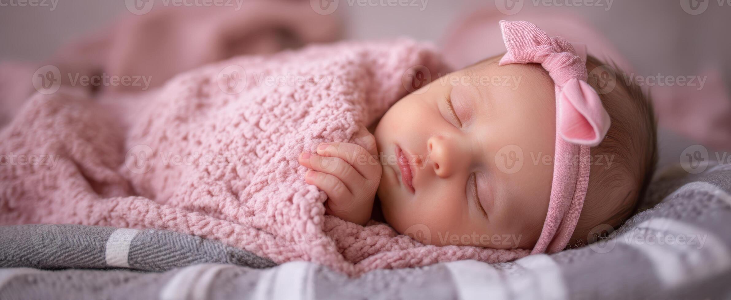 The sleeping baby wrapped in a pink blanket with a matching headband. photo