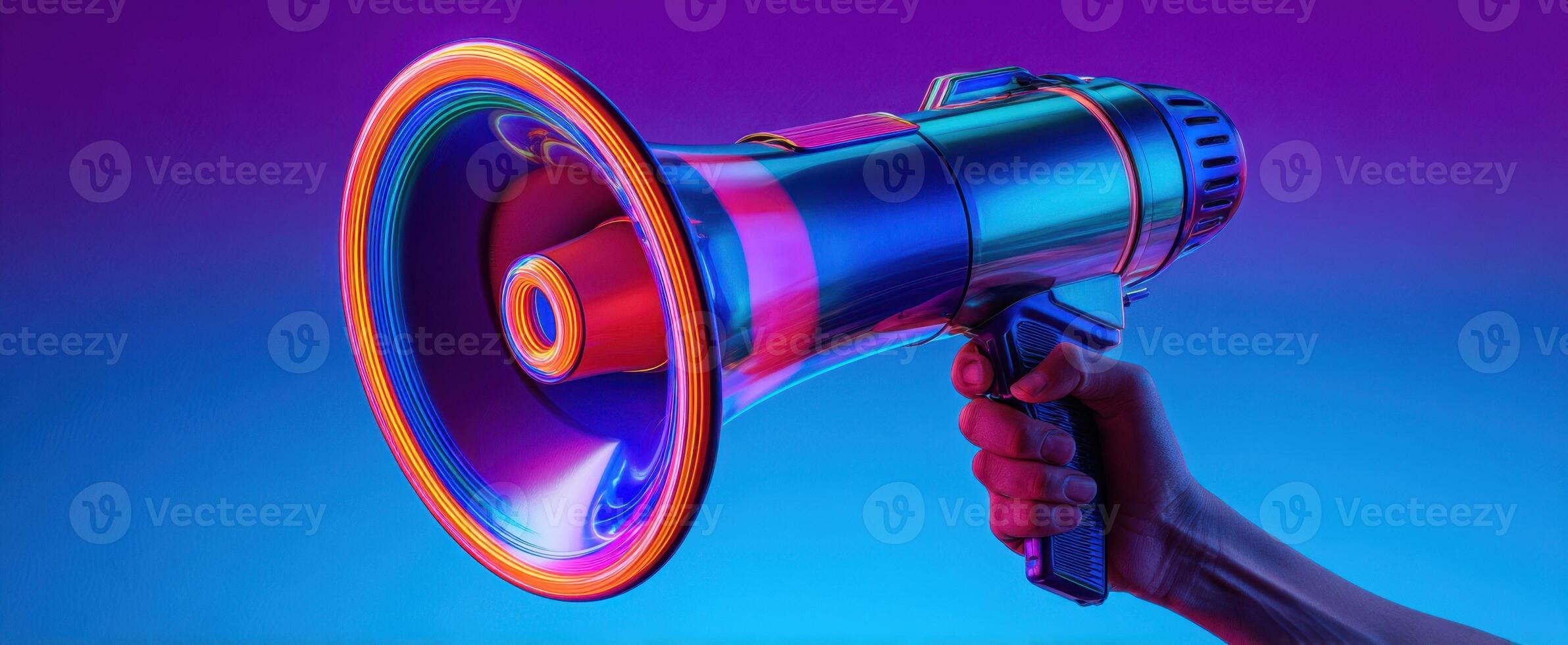 The vibrant megaphone with neon accents in a dynamic studio setting. photo
