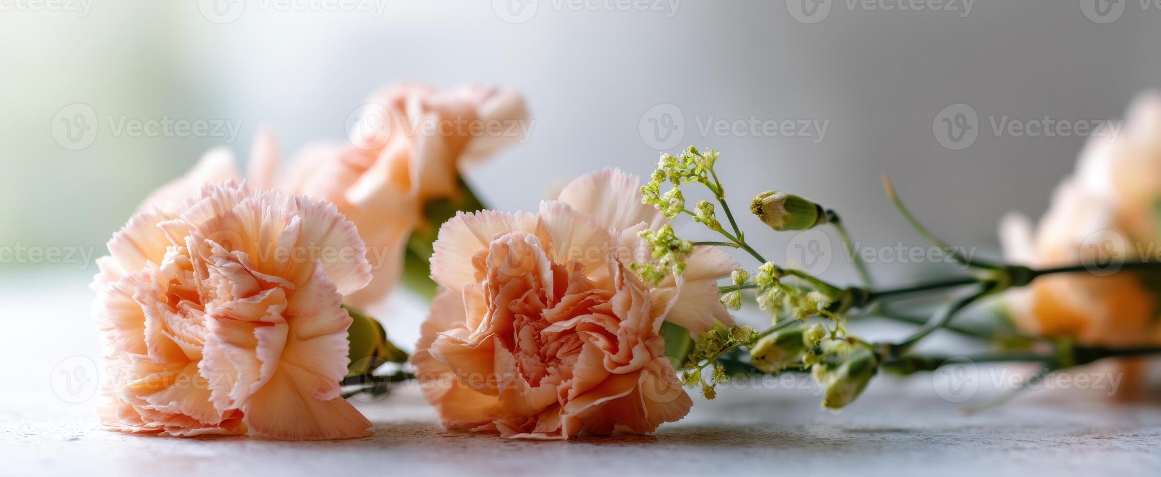 The soft pink carnations beautifully arranged on a delicate surface. photo