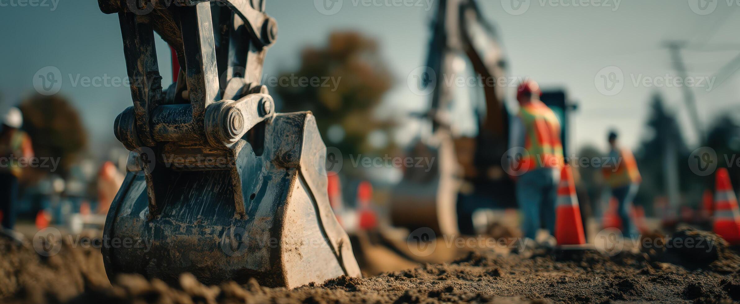 The Excavator Digger at a Busy Construction Site with Workers photo