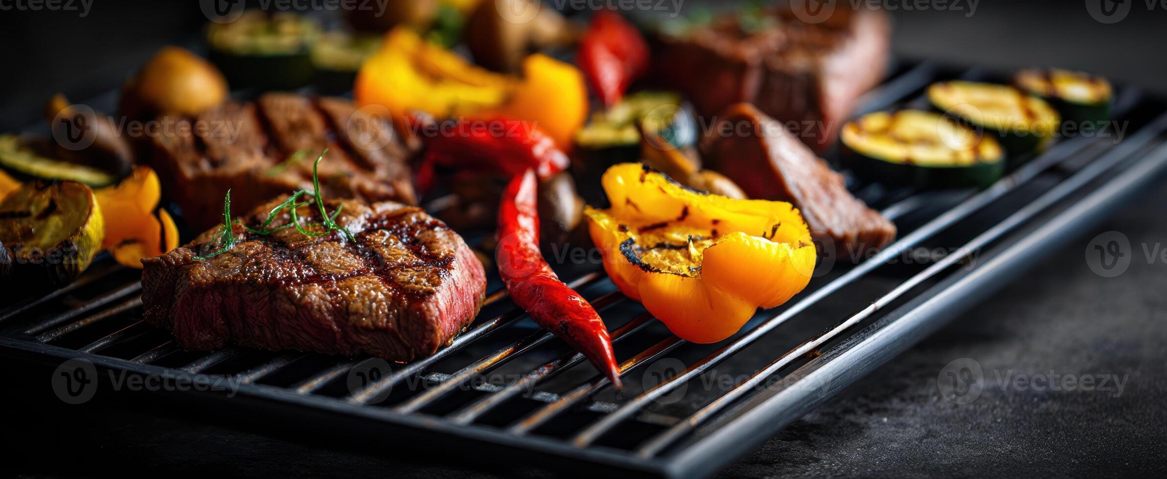 The sizzling steak and vibrant vegetables on the grill. photo