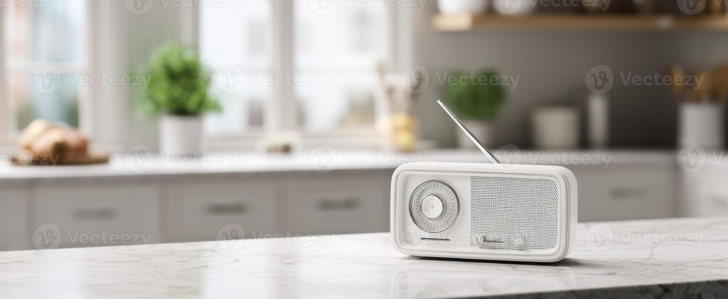 The vintage radio on a clean kitchen countertop with a modern aesthetic. photo