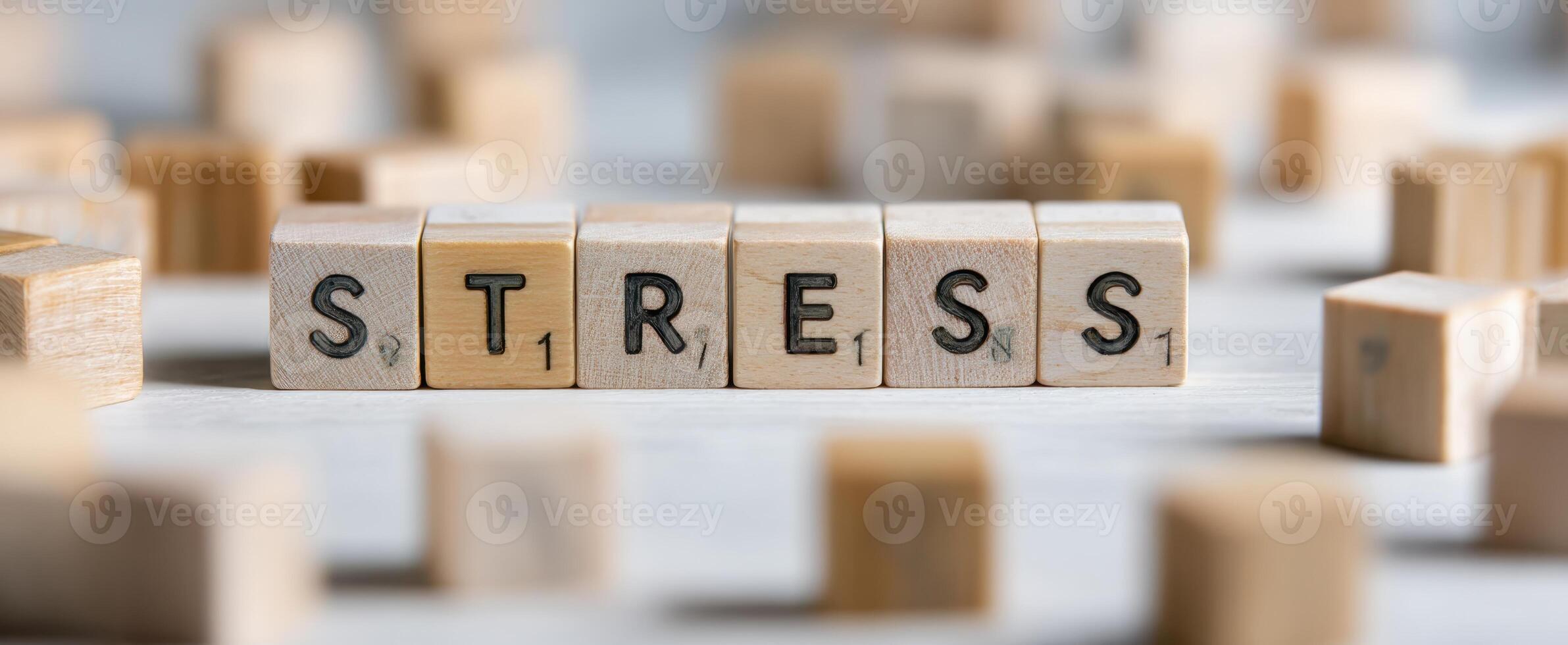 The Stress Message Highlighted with Wooden Letter Blocks on a Soft Surface photo