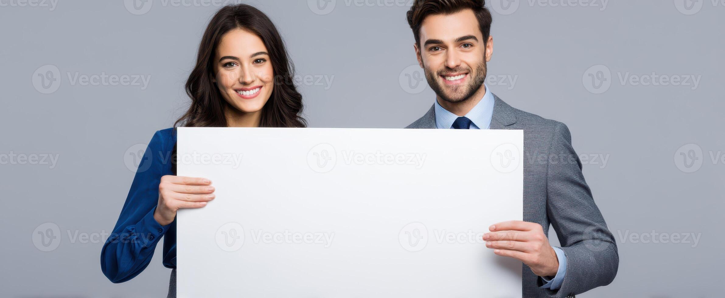The smiling couple holding a blank sign for promotional purposes. photo