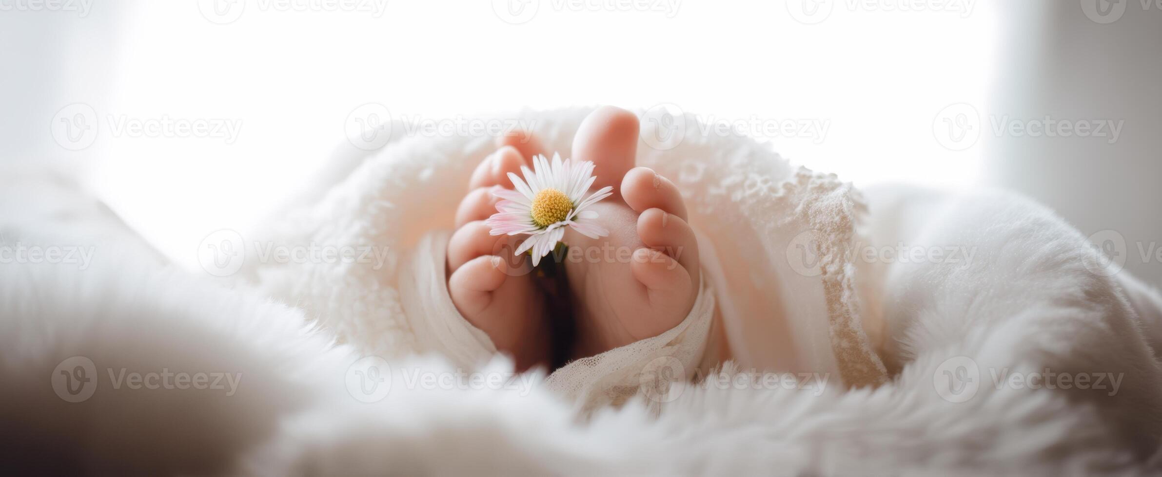 The adorable baby feet adorned with a delicate flower in soft blanket setting. photo