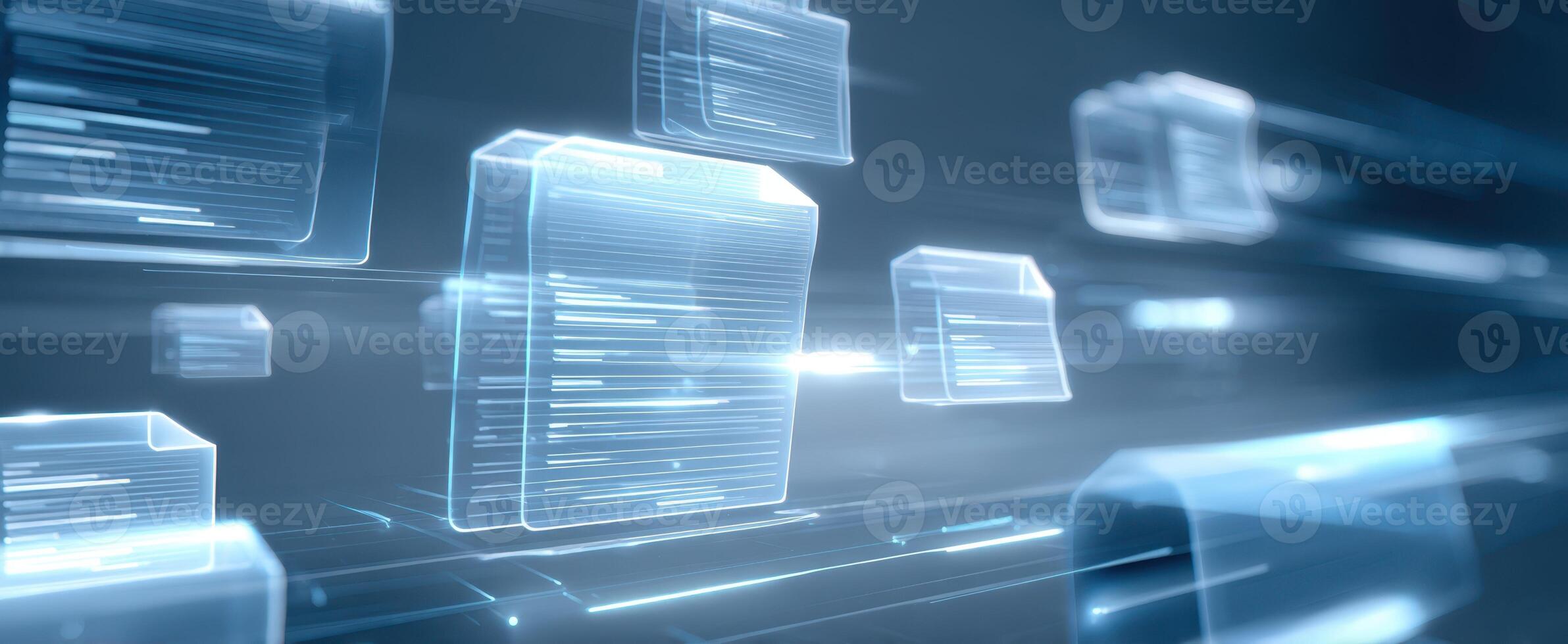 The Dynamic Movement of Transparent Digital Files in a Futuristic Environment photo