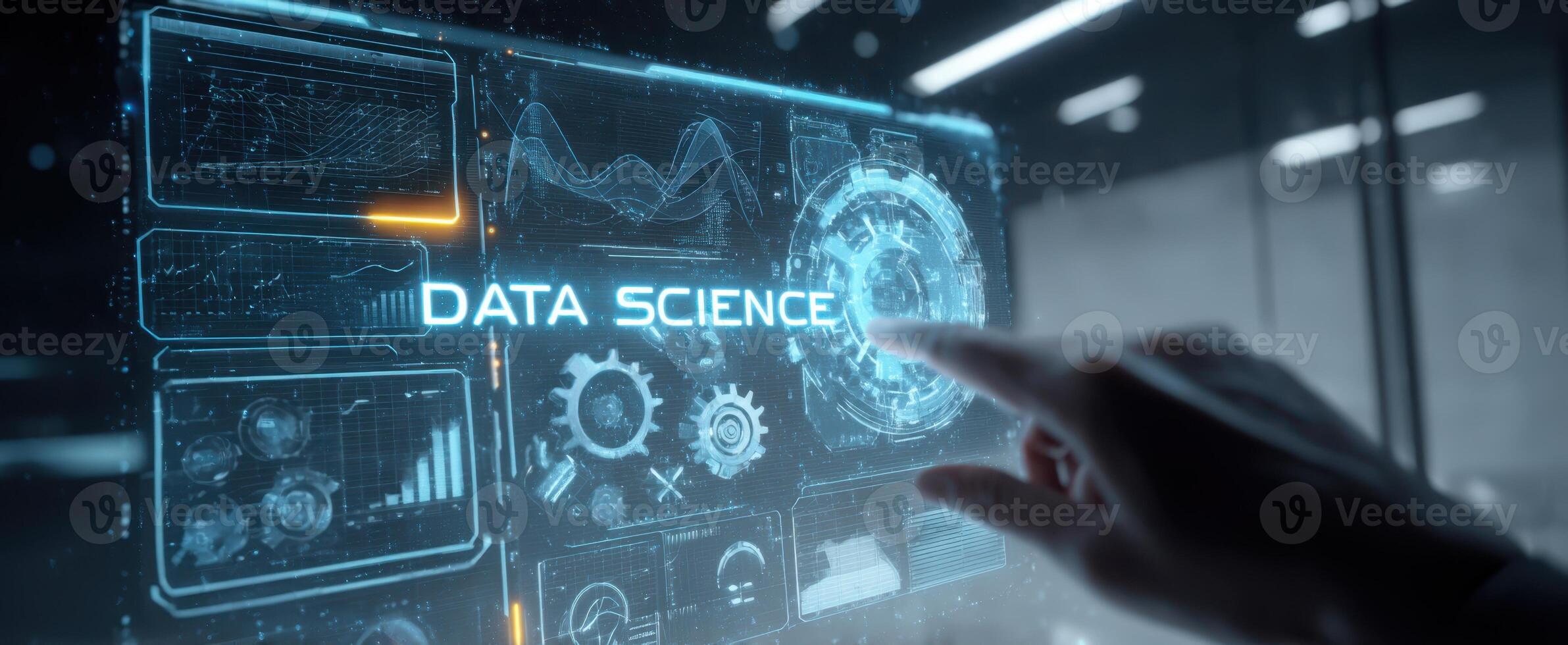 The interaction with a futuristic data science display in a digital environment. photo