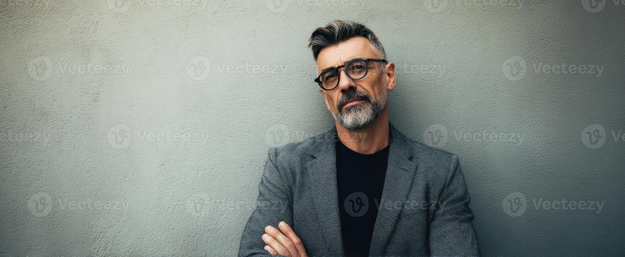 The confident man in a stylish blazer with glasses against a minimalist background. photo