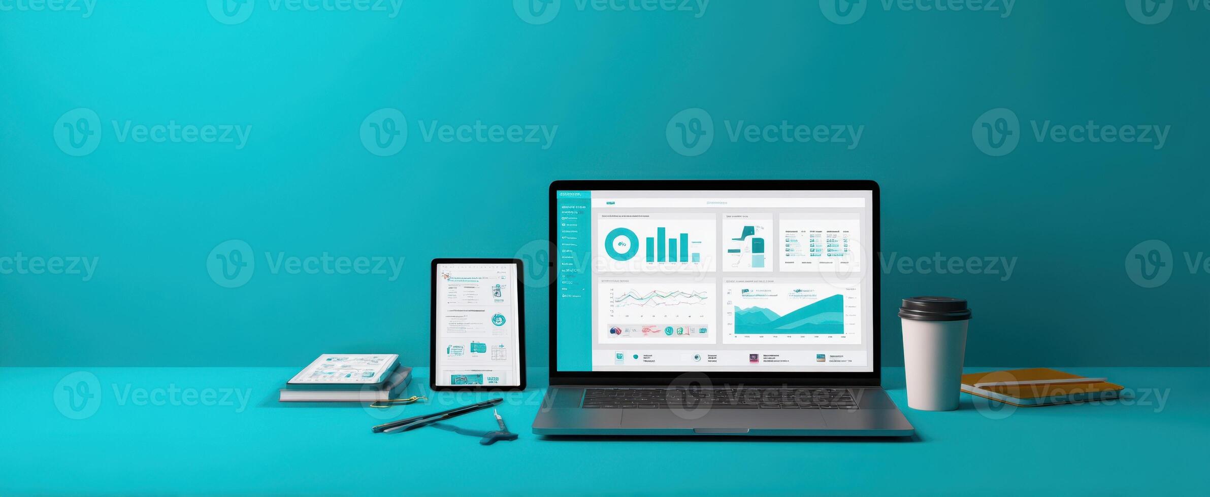 The workspace featuring a laptop and tablet with data visualization elements. photo