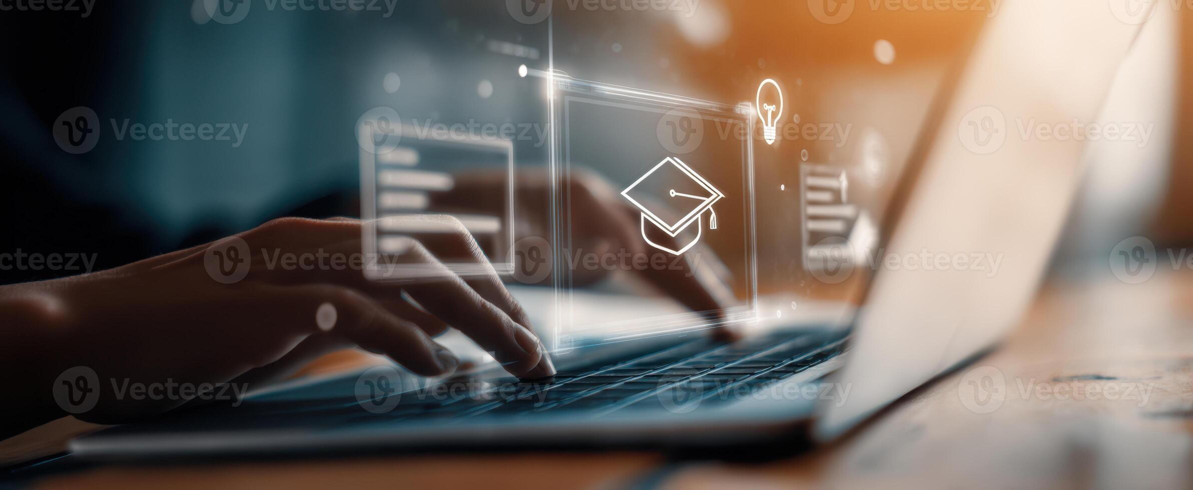 The laptop showcasing digital learning icons in a modern educational context. photo