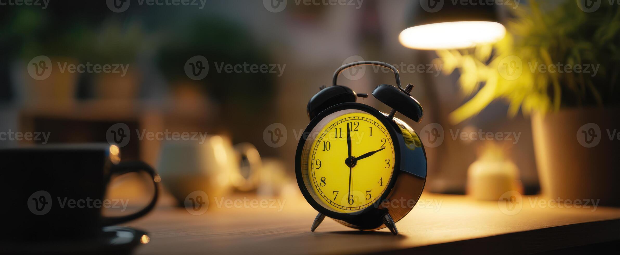 The vintage yellow clock illuminating a cozy night scene on the table. photo