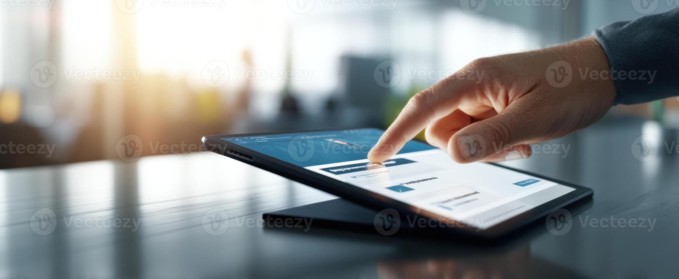 The hand interacts with a tablet in a modern workspace setting. photo