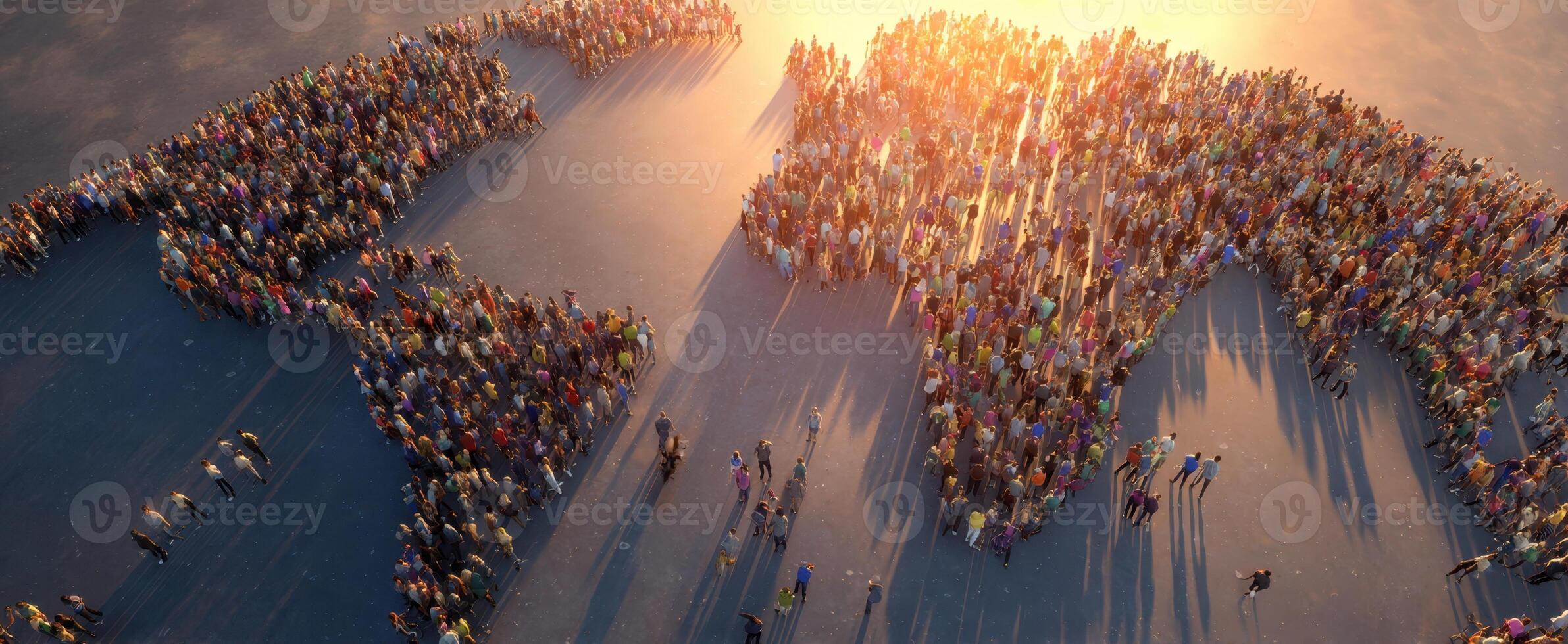 The Crowd Forming a World Map During a Beautiful Sunset Gathering photo
