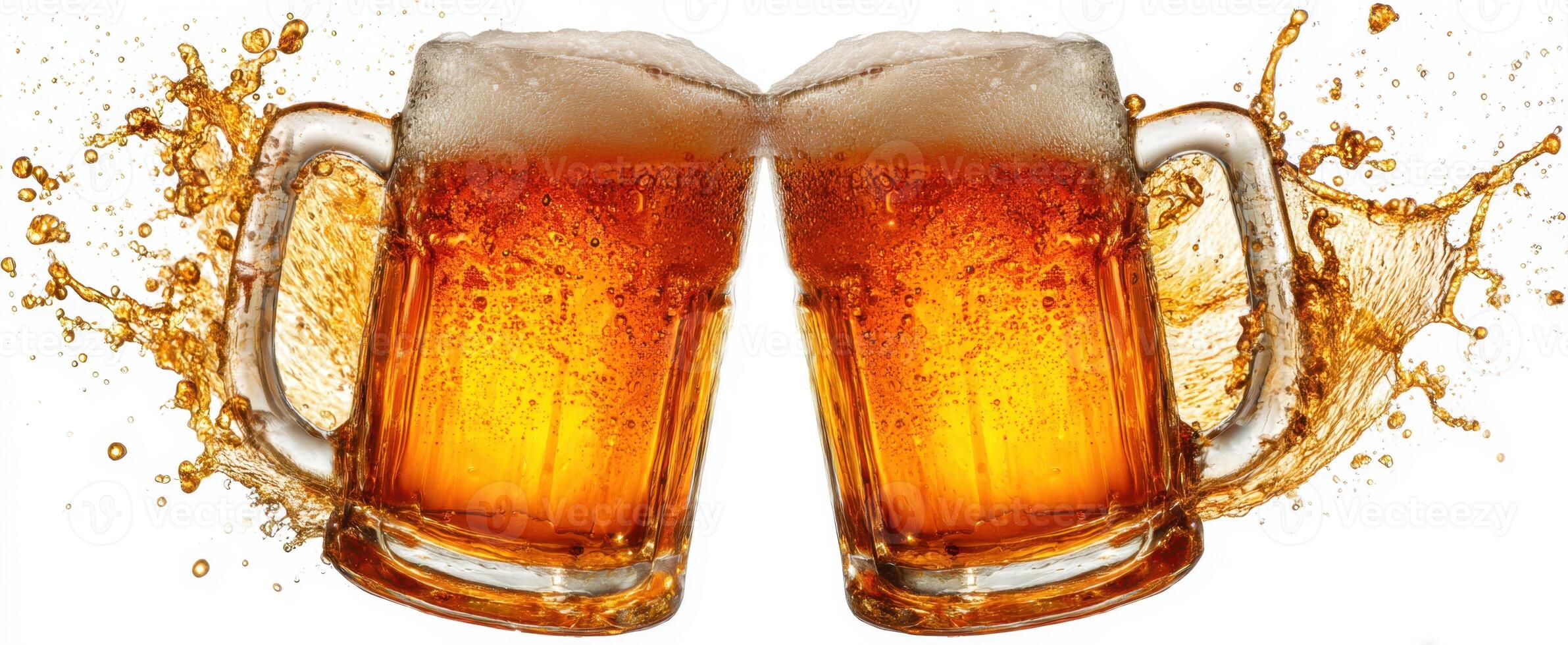 The clinking beer mugs capturing joy and celebration in a vibrant splash. photo