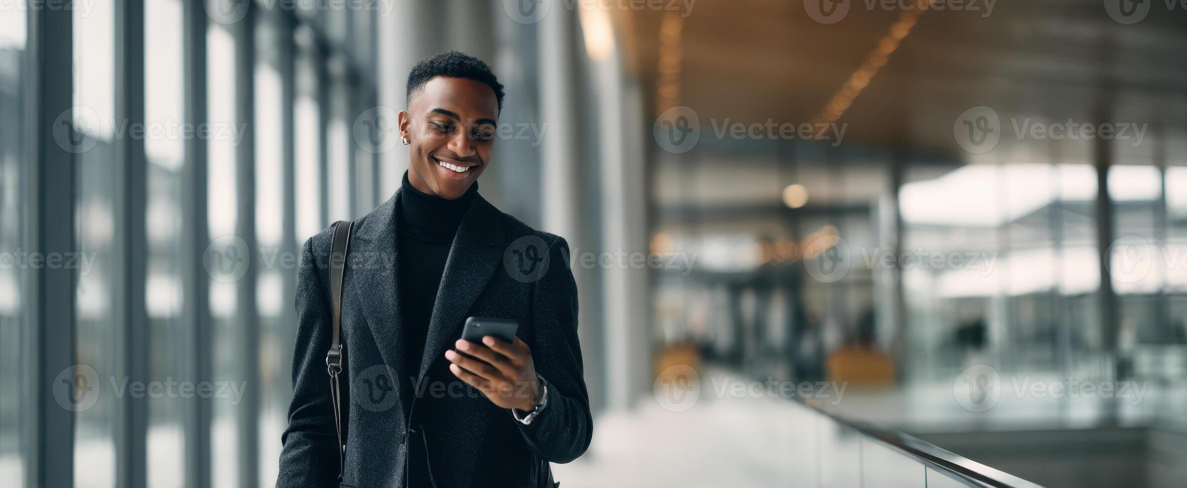 The confident young man enjoying technology in a modern office environment. photo