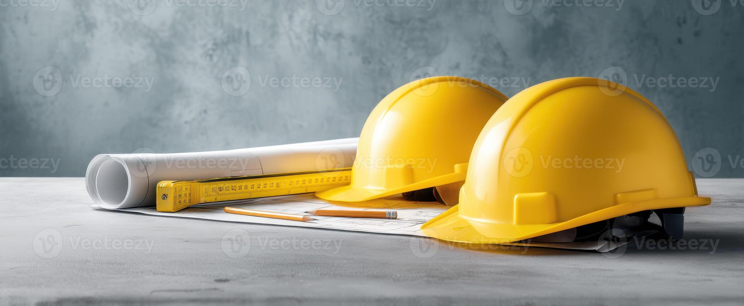 The yellow hard hats and blueprints on a textured concrete surface. photo