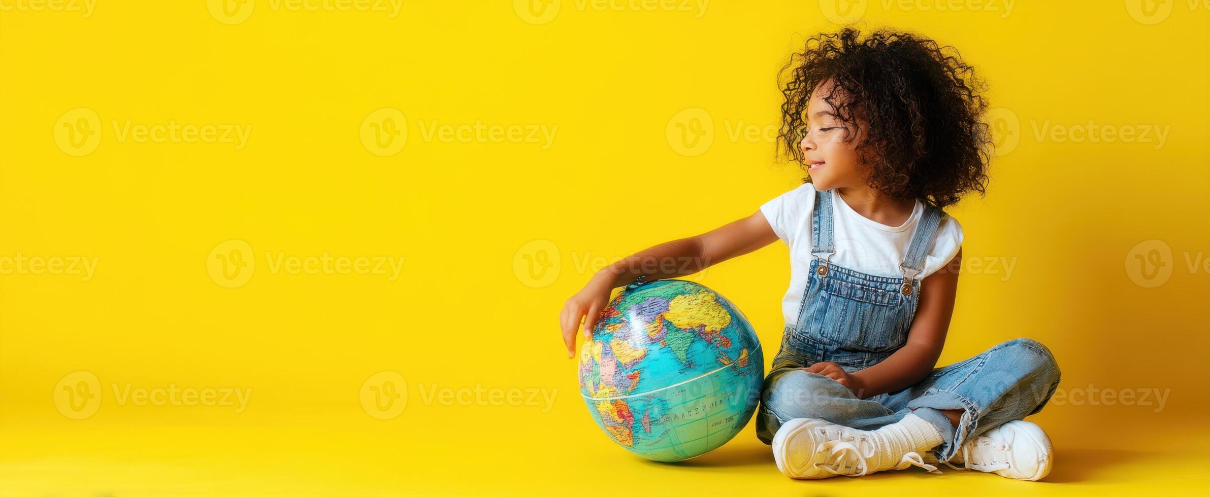 The cheerful child exploring the globe in a bright yellow setting. photo
