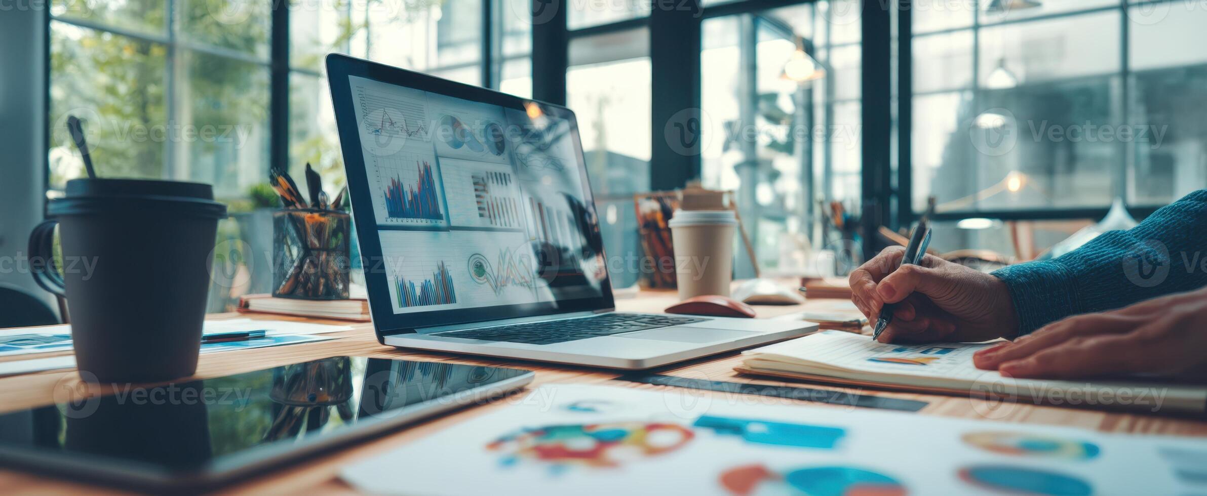 The modern workspace with laptop showcasing data analysis and creative brainstorming. photo