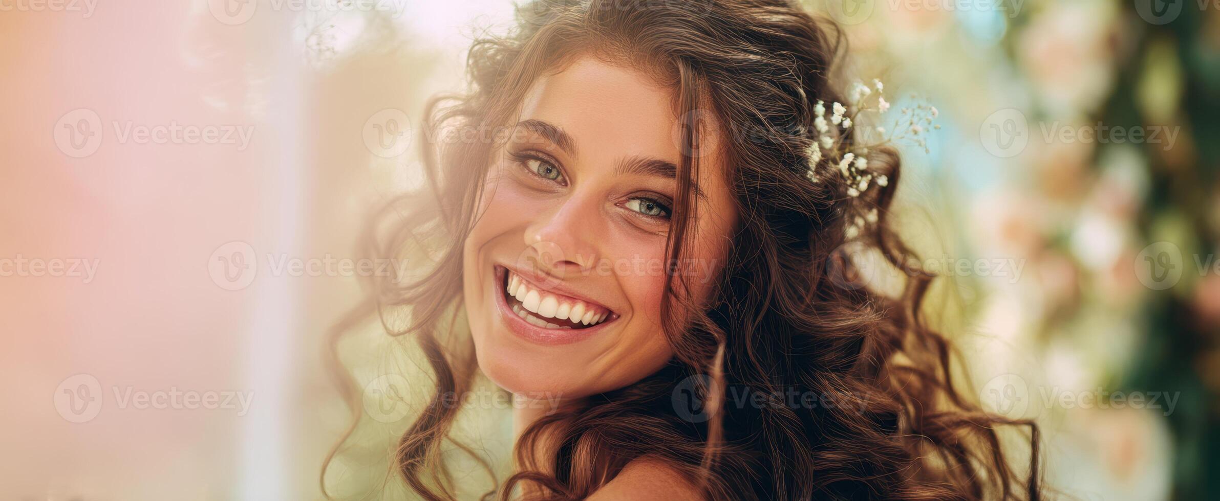 The smiling woman with curly hair and flowers radiates joy and beauty. photo