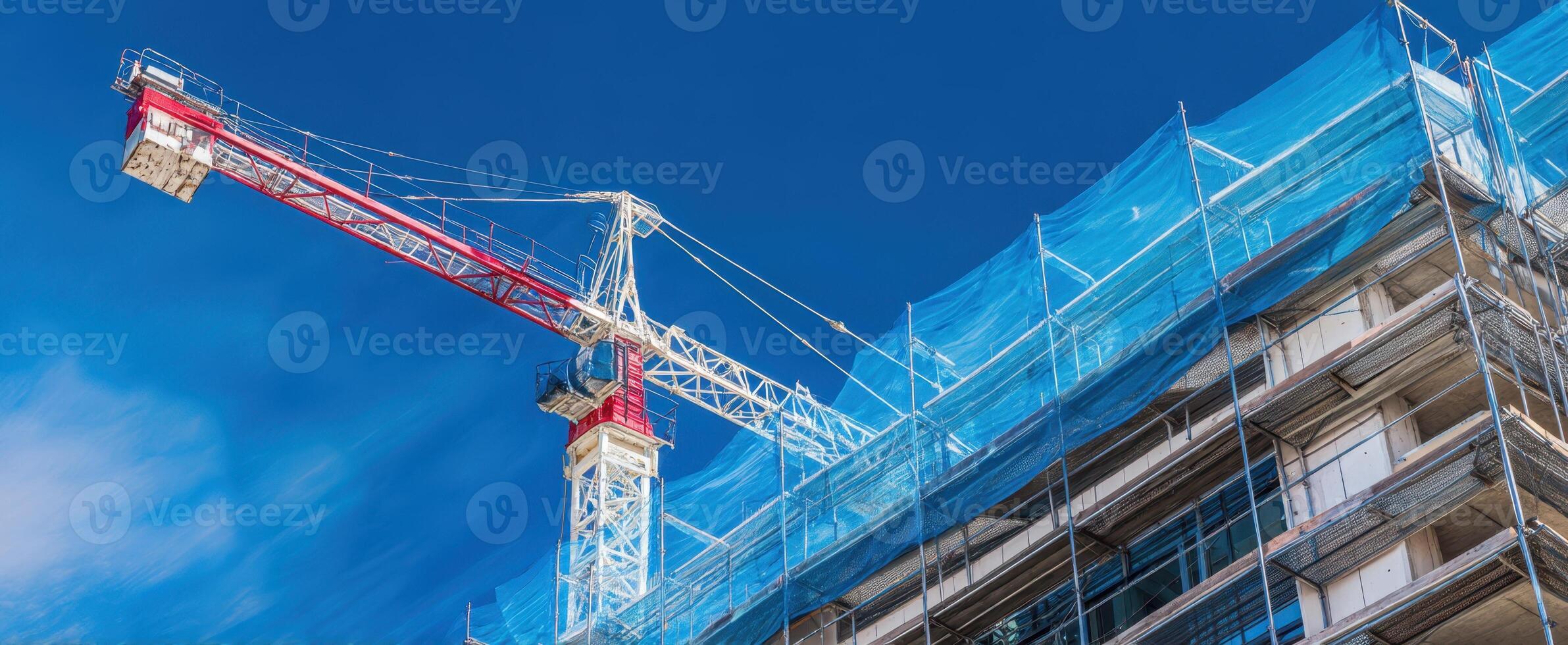 The construction crane towering over a vibrant urban building site against a clear sky. photo